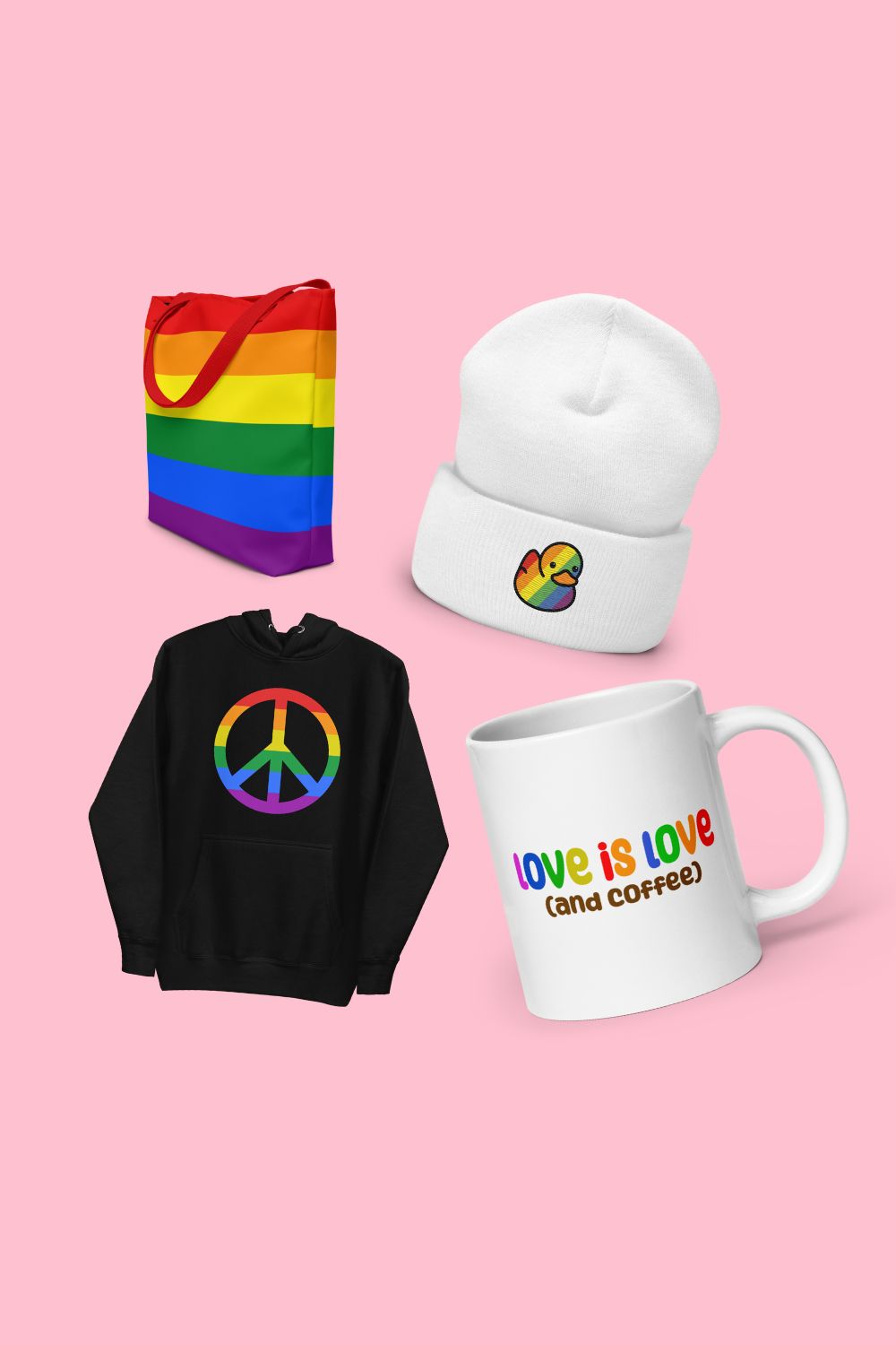 LGBTQ pride apparel collection featuring T-shirts, accessories, and vibrant pride-themed items