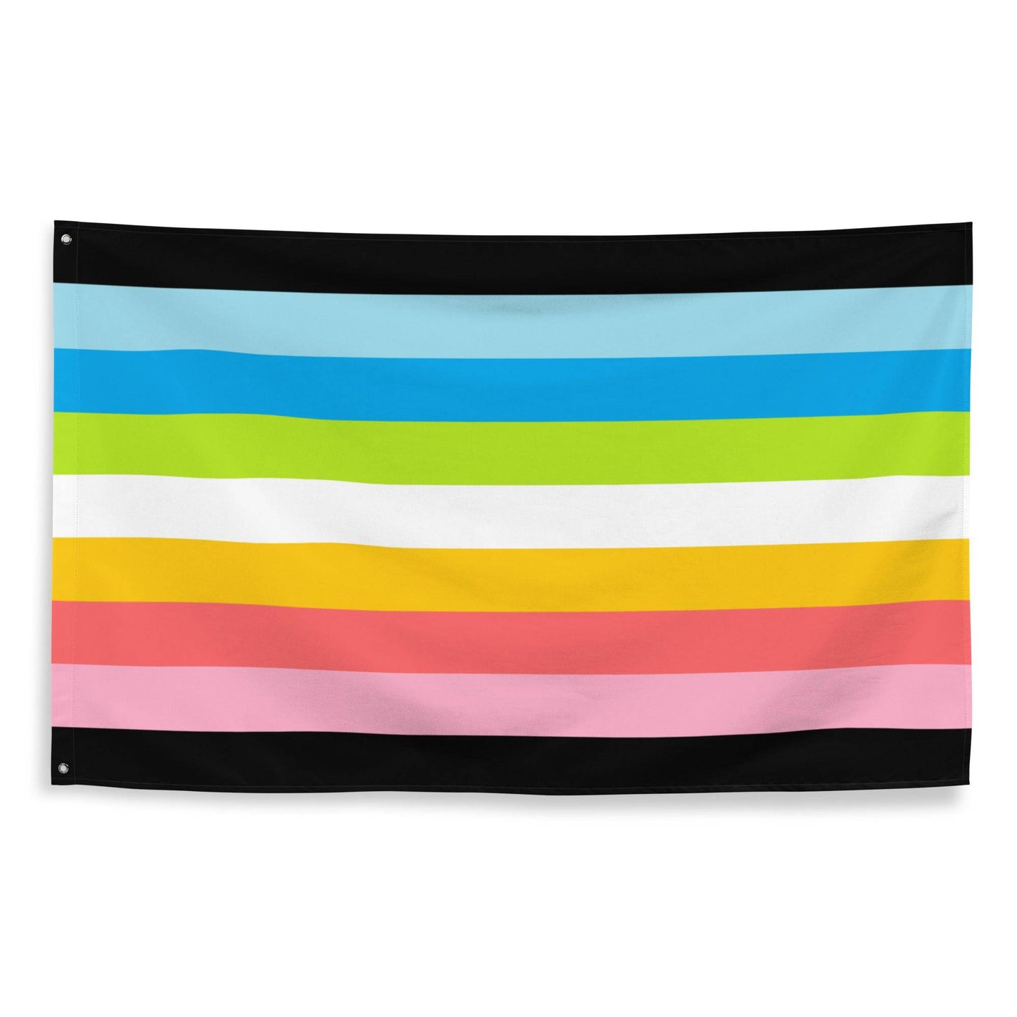 The Queer Pride Flag by Pridelity showcases vibrant horizontal stripes in blue, green, yellow, pink, and white, bordered by sleek black lines. This lively display from Rainbow Shop graces a white brick wall.