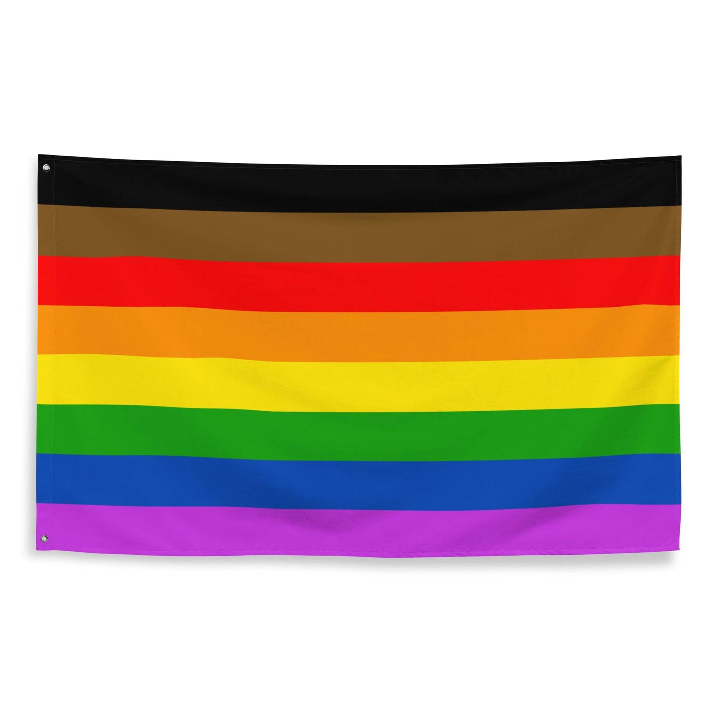 The Philadelphia Pride Flag by Pridelity, featuring horizontal stripes in black, brown, red, orange, yellow, green, blue, and purple, hangs against a white brick wall. This vibrant emblem of diversity and inclusion adds a splash of color reminiscent of a lively rainbow shop.