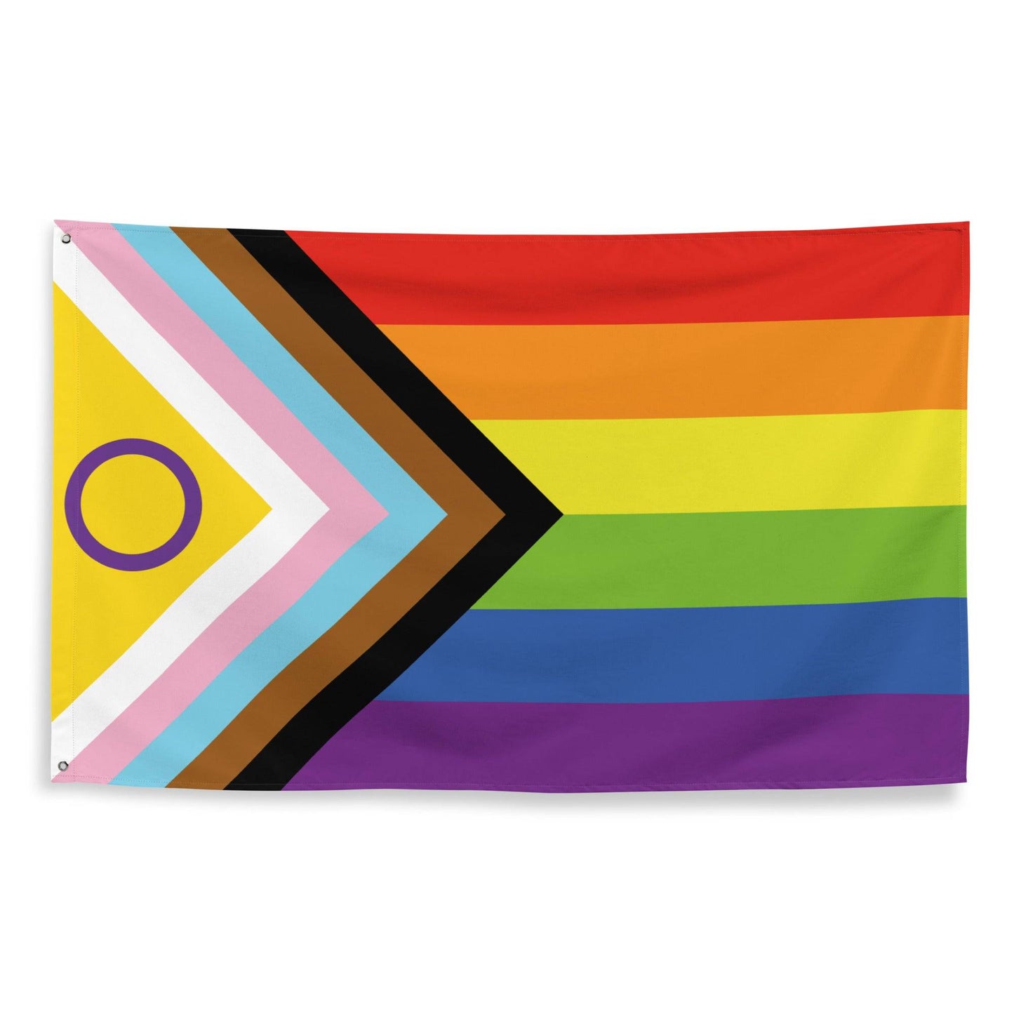 The image displays an Intersex-Inclusive Progress Pride Flag by Pridelity, hung on a white brick wall outside a vibrant rainbow shop. The flag features horizontal rainbow stripes and a chevron on the left, incorporating black, brown, light blue, pink, and white colors along with a purple circle on a yellow triangle.