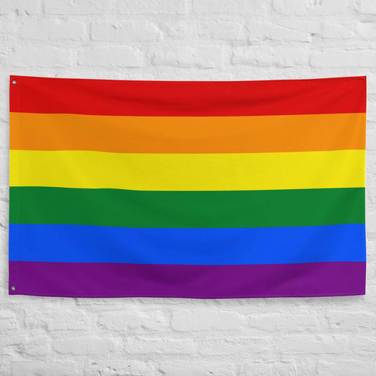A Traditional Pride Flag from Pridelity, featuring six horizontal stripes in red, orange, yellow, green, blue, and purple, adorns the white brick wall of a charming rainbow shop.