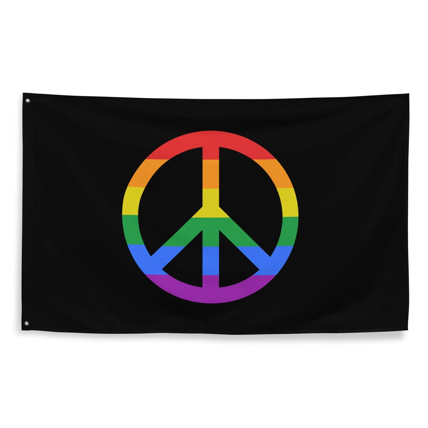 A "Peace Flag" by Pridelity, showcasing a vibrant peace symbol on a black background, hangs against a white brick wall.