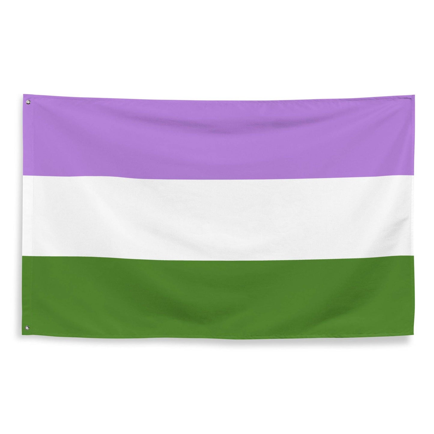 A Genderqueer Pride Flag by Pridelity, featuring three horizontal stripes of purple at the top, white in the middle, and green at the bottom, hangs proudly against a white brick wall, hinting at the vibrant offerings of a rainbow shop.