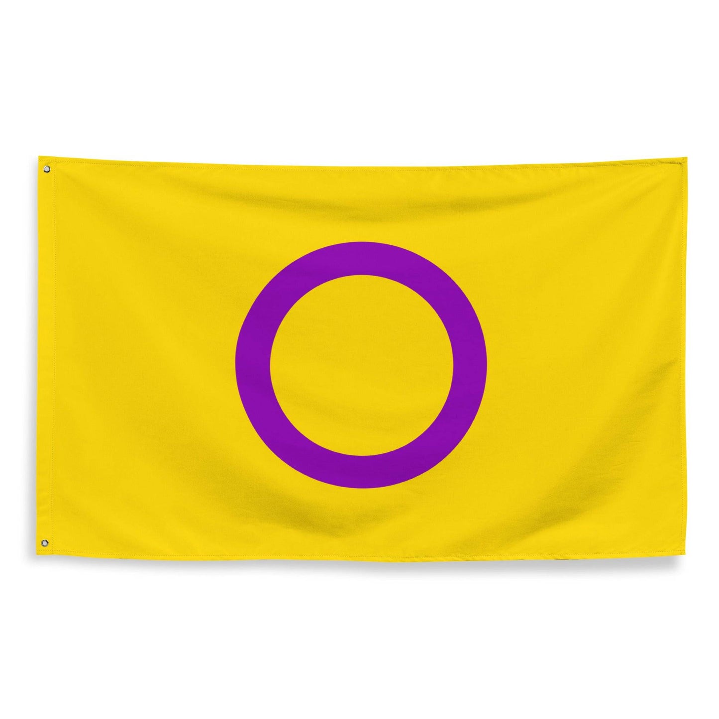 The Intersex Pride Flag by Pridelity, featuring a yellow design with a prominent purple circle at its center, displayed against a white brick wall, brings an energetic burst of color that evokes the joyful atmosphere of a rainbow-themed store.