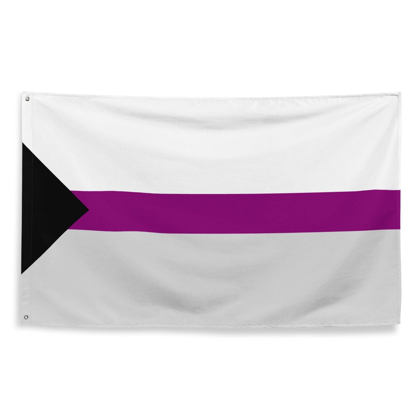 The Demisexual Pride Flag from Pridelity features a design with a black triangle on the left, white stripes, a wide purple band in the center, followed by another white stripe. It is beautifully displayed against a white brick wall.