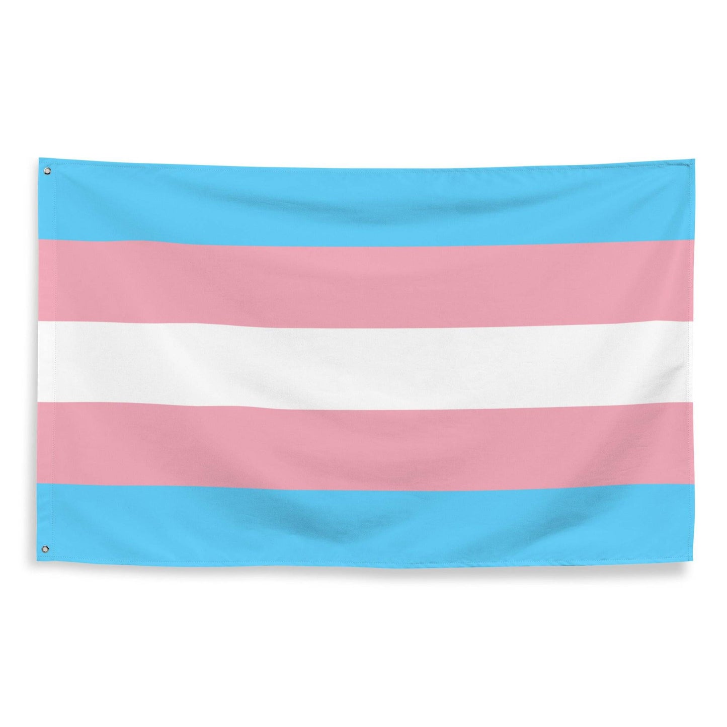 A Transgender Pride Flag from Pridelity adds an elegant touch to the white brick wall, with its design showcasing five horizontal stripes of light blue, pink, white, pink, and light blue.