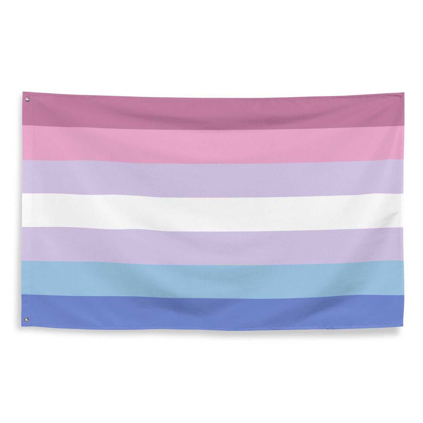 A Pridelity Bigender Pride Flag, featuring horizontal stripes in shades of pink, white, and blue, hangs proudly against a white brick wall.
