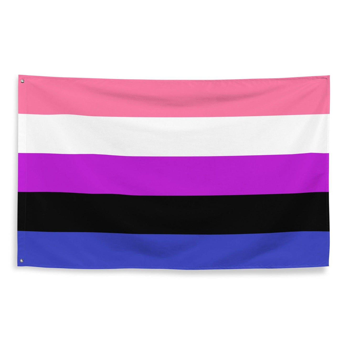 The image showcases a lively scene of the Pridelity Genderfluid Pride Flag displayed on a white brick wall, resembling a colorful shop exhibit. The flag has five horizontal stripes in pink, white, purple, black, and blue.