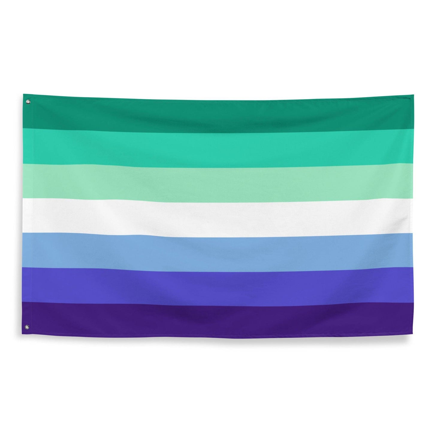 The Gay Men Pride Flag by Pridelity features horizontal stripes in a spectrum of colors reminiscent of a vibrant rainbow shop display. The flag showcases green, aqua, white, light blue, blue, and dark blue stripes descending against a white brick wall background.