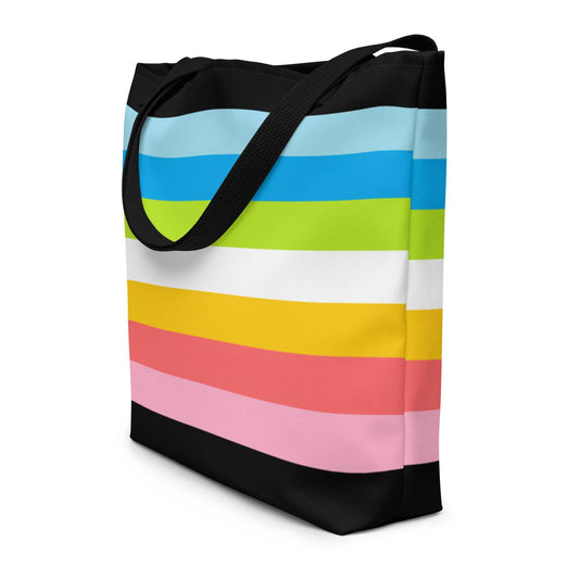 Explore the Queer Pride Bag from Pridelity, showcasing horizontal stripes in black, blue, green, lime, yellow, white, pink, and peach. With its black handles and stylish design, this vibrant accessory is ideal for adding a splash of color to any ensemble.