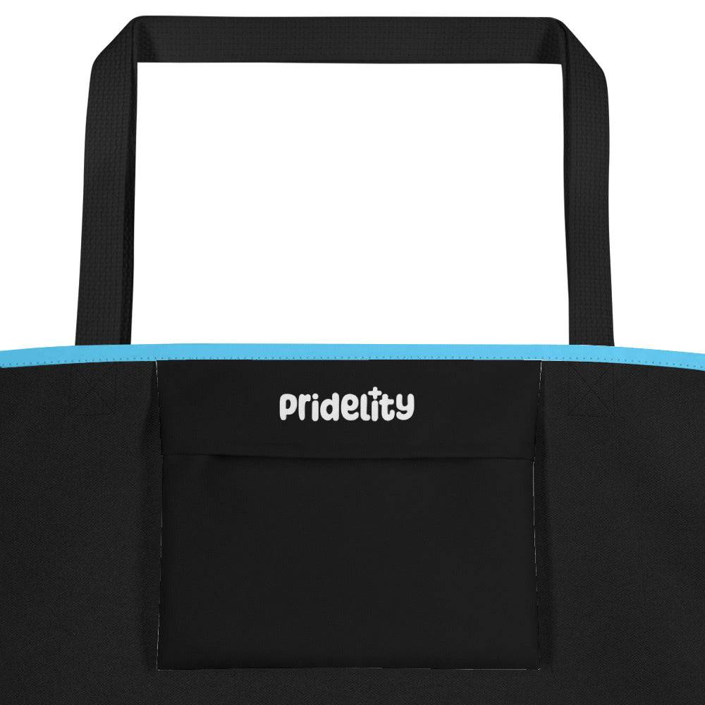 Introducing the Transgender Pride Bag by Pridelity, featuring horizontal pastel blue, pink, and white stripes of the transgender pride flag. The sleek black handles provide a striking contrast, making it a standout accessory for any visit to your favorite rainbow store.