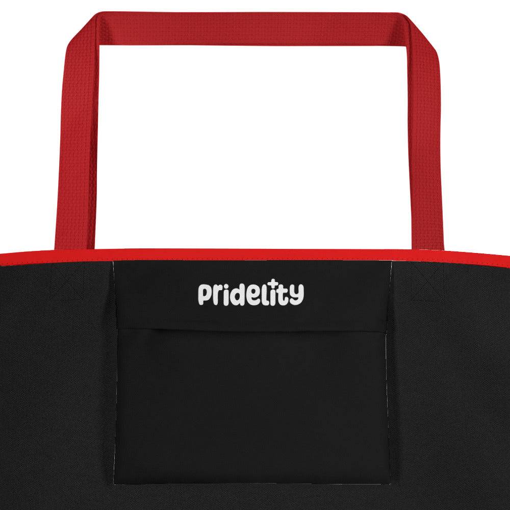 A brightly colored Pride Bag by Pridelity, featuring horizontal rainbow stripes and vibrant red handles, is perfect for your next trip to the rainbow store.