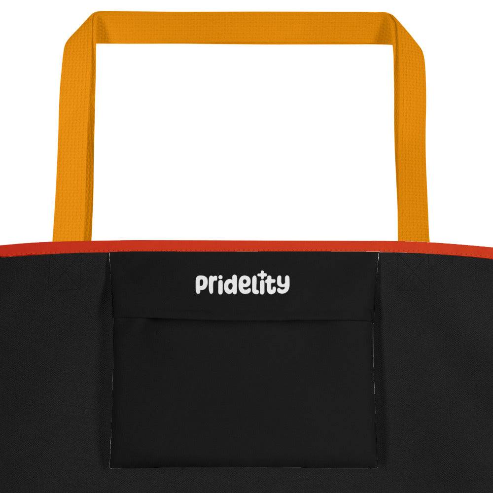 Uncover the lively allure of Pridelity's Lesbian Pride Bag, available at Rainbowshops. It showcases horizontal stripes in red, orange, white, pink, and purple with a sunny yellow handle—a perfect fusion of style and color.