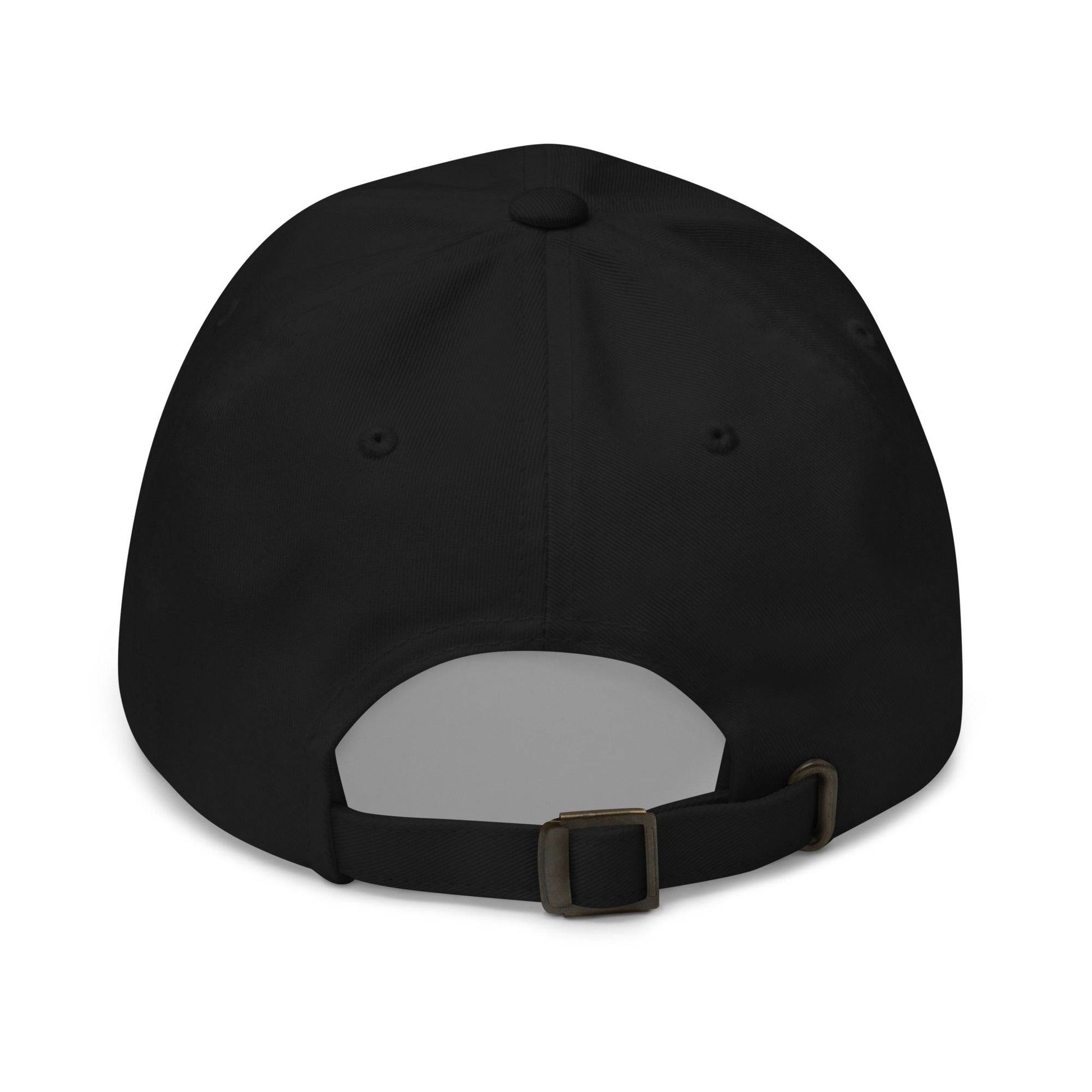 Introducing the Rainbow Stripes Cap by Pridelity: a black baseball cap adorned with a horizontal rainbow stripe, perfect for pride outfits. The vibrant colors pop against the dark fabric, making it a standout piece. Set against a white background, this cap is the ideal accessory to celebrate inclusivity and style.