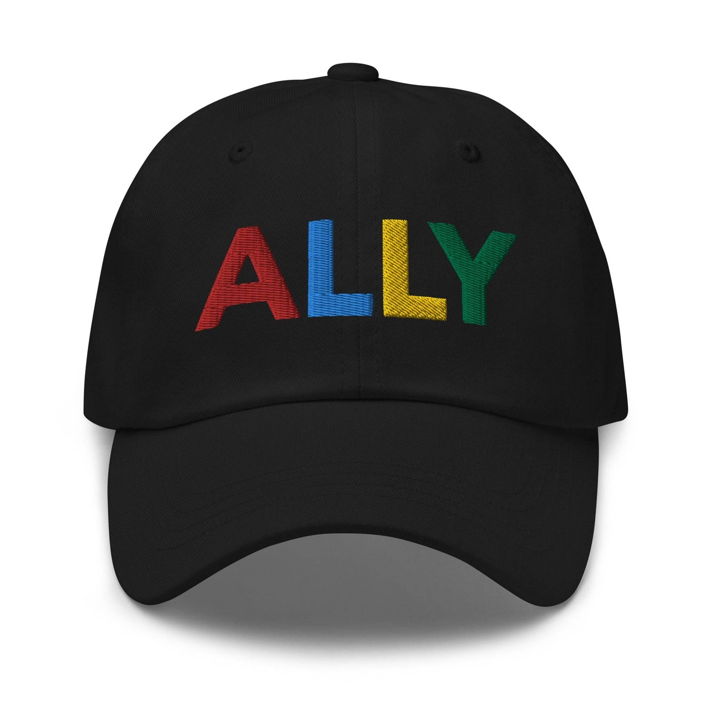 The Ally Cap by Pridelity in pink showcases the word "ALLY" beautifully embroidered in vibrant, multicolored letters: red, blue, yellow, and green.