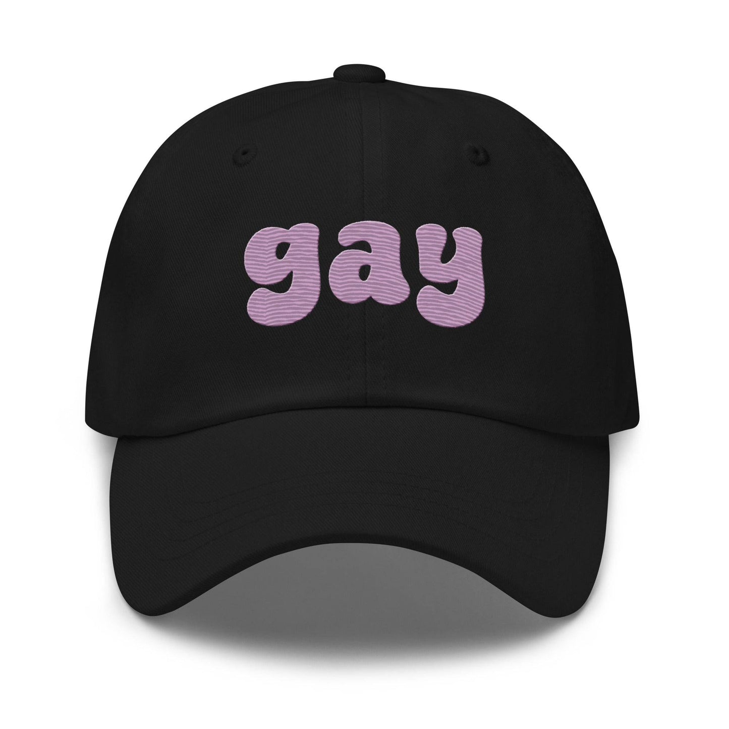 Black Pridelity "Gay Cap" featuring bold, purple, bubble-like letters on the front, perfect for complementing your pride outfits.