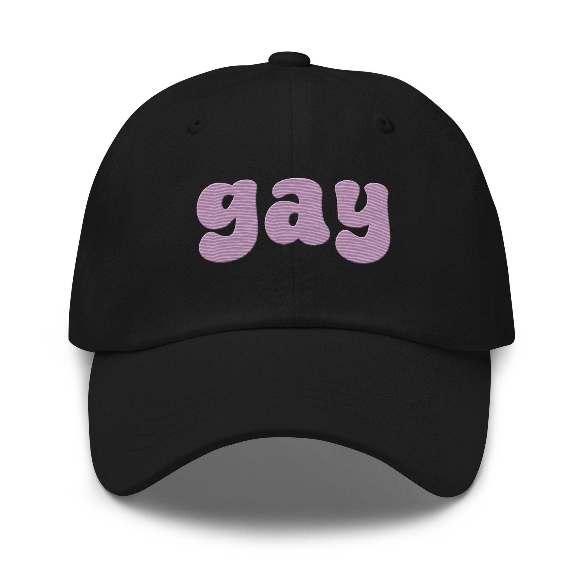 Black Pridelity "Gay Cap" featuring bold, purple, bubble-like letters on the front, perfect for complementing your pride outfits.
