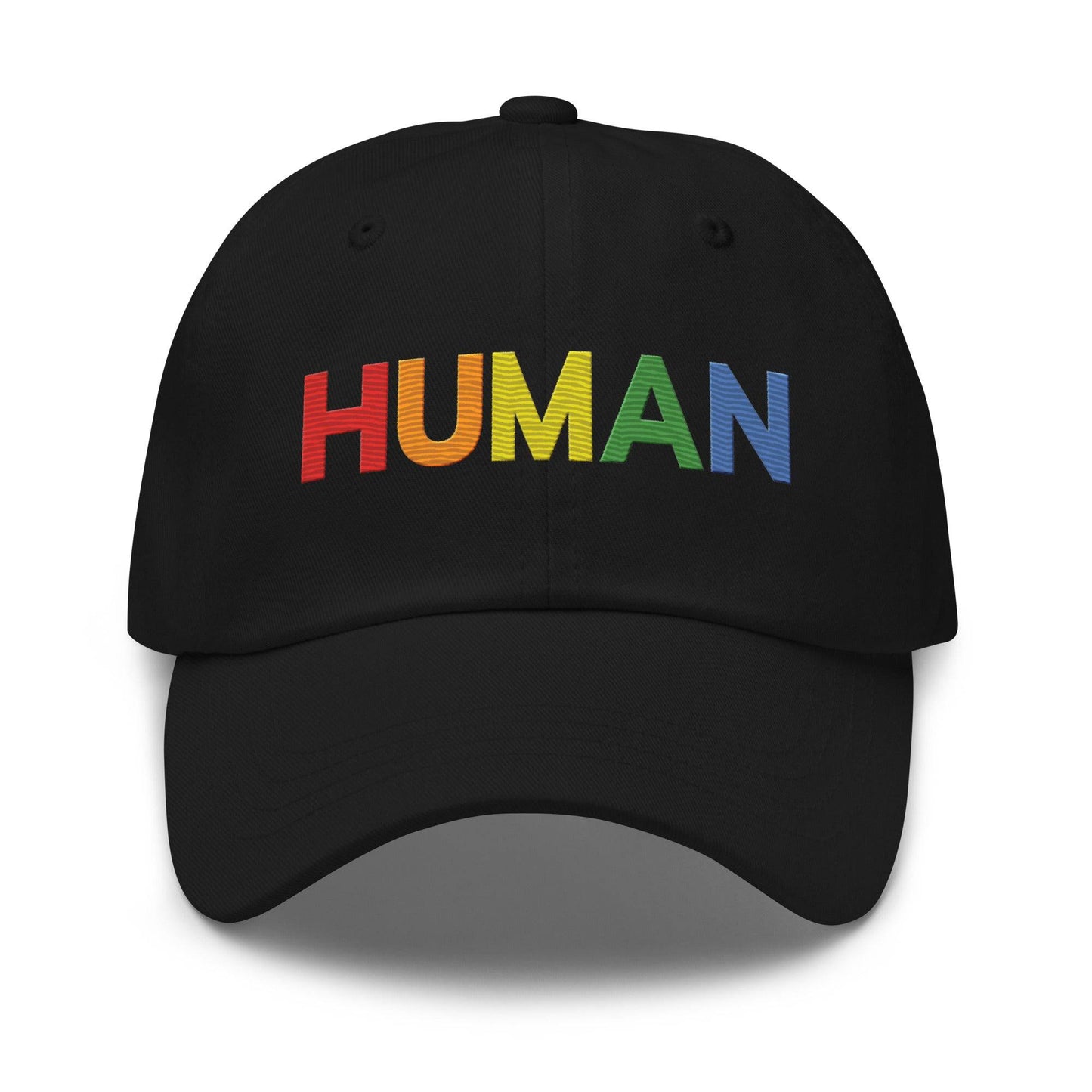 The Pridelity Human Cap is a black baseball hat, ideal for complementing pride ensembles, with the word "HUMAN" embroidered in vibrant rainbow colors on the front.