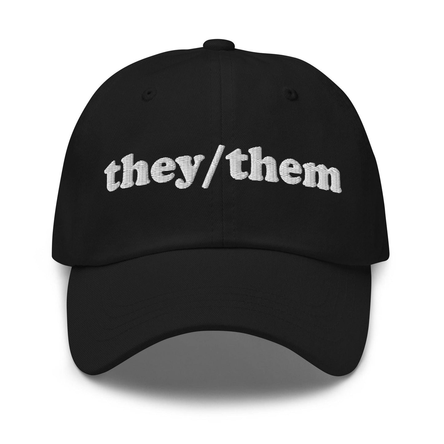 Introducing the They/Them Cap by Pridelity, a stylish black cap with "they/them" embroidered in white on the front, making it an ideal accessory for pairing with pride outfits.