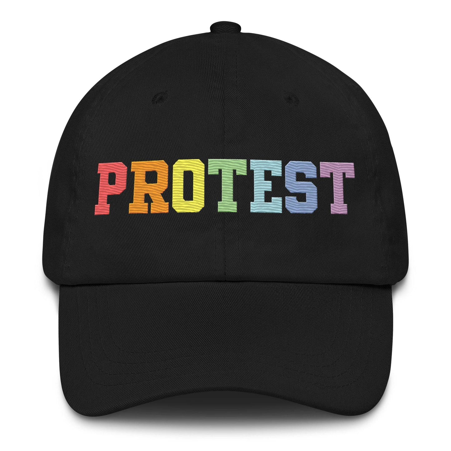 Introducing the Pridelity Protest Cap: A sleek black baseball cap with "PROTEST" intricately embroidered in vibrant rainbow colors on the front, making it an ideal addition to your pride ensemble.