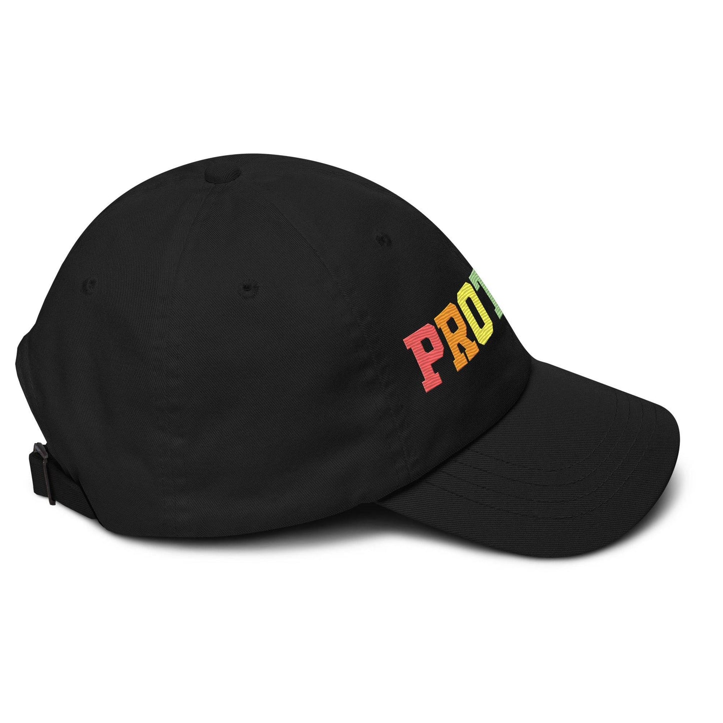 Introducing the Pridelity Protest Cap: A sleek black baseball cap with "PROTEST" intricately embroidered in vibrant rainbow colors on the front, making it an ideal addition to your pride ensemble.