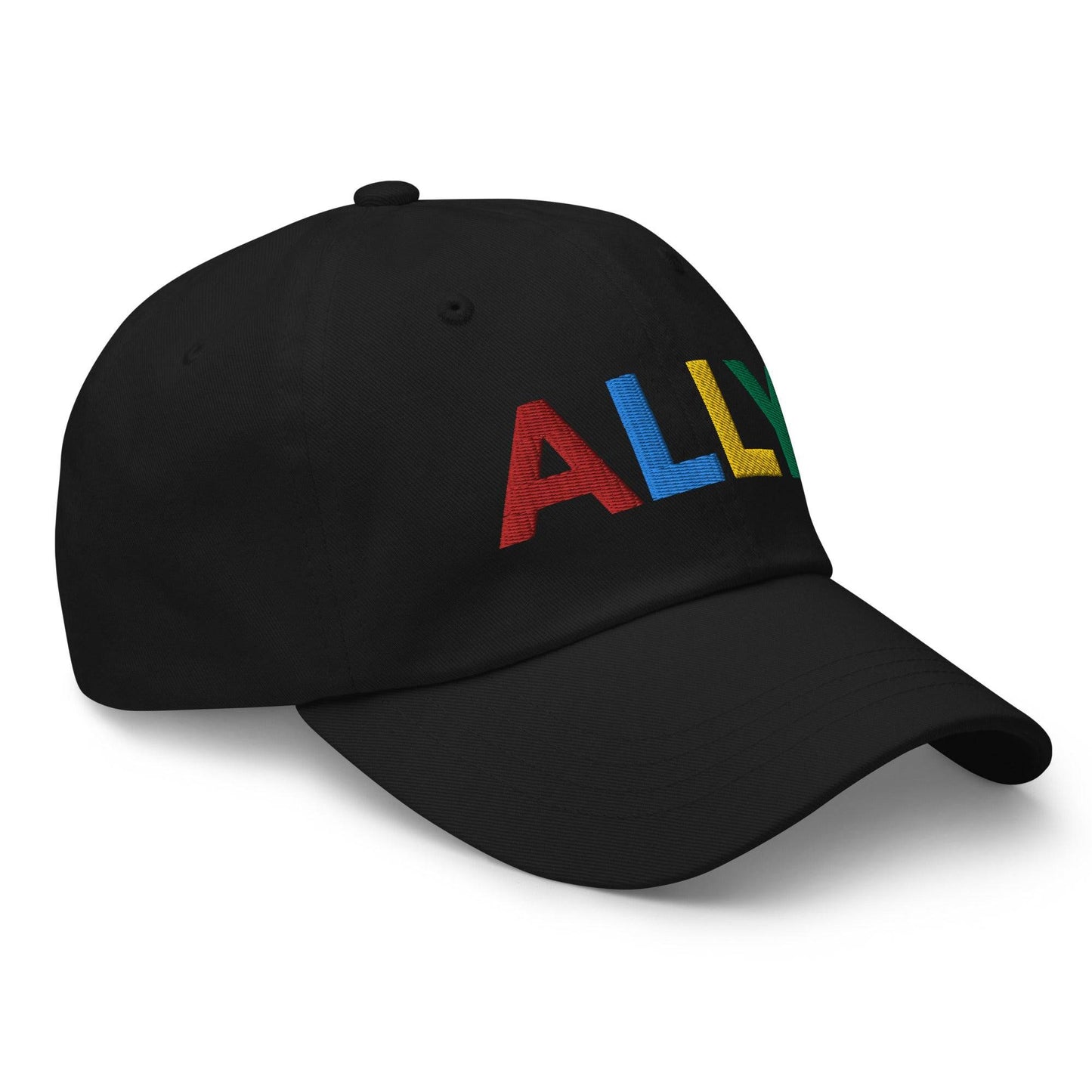 The Ally Cap by Pridelity in pink showcases the word "ALLY" beautifully embroidered in vibrant, multicolored letters: red, blue, yellow, and green.