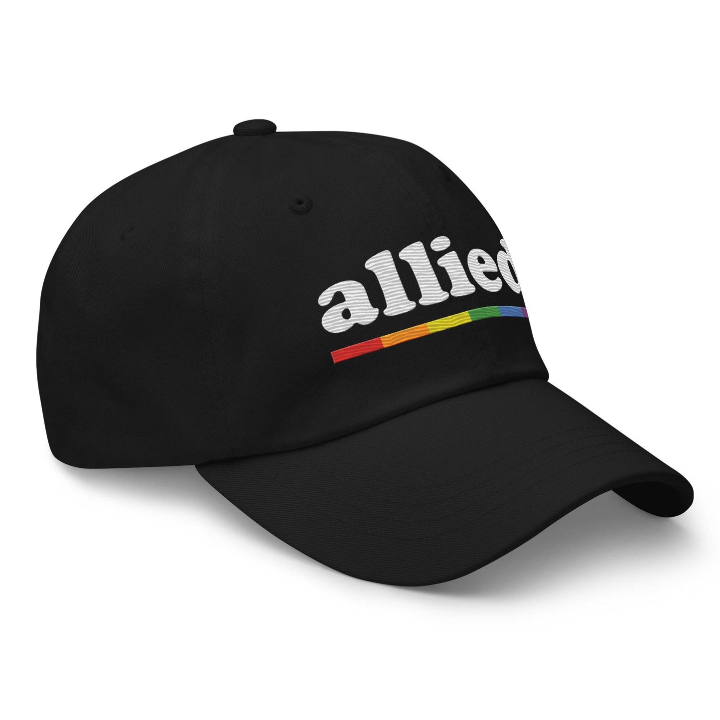 A Pridelity Allied Cap featuring "allied" embroidered in white above a vibrant, Pride-inspired rainbow line.