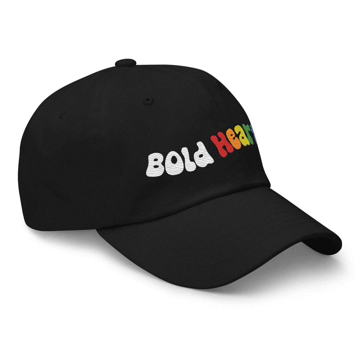 The Bold Hearts Cap by Pridelity, a black baseball cap with "Bold Hearts" embroidered in vibrant multicolored letters on the front, is a standout piece from our Pride Collections.