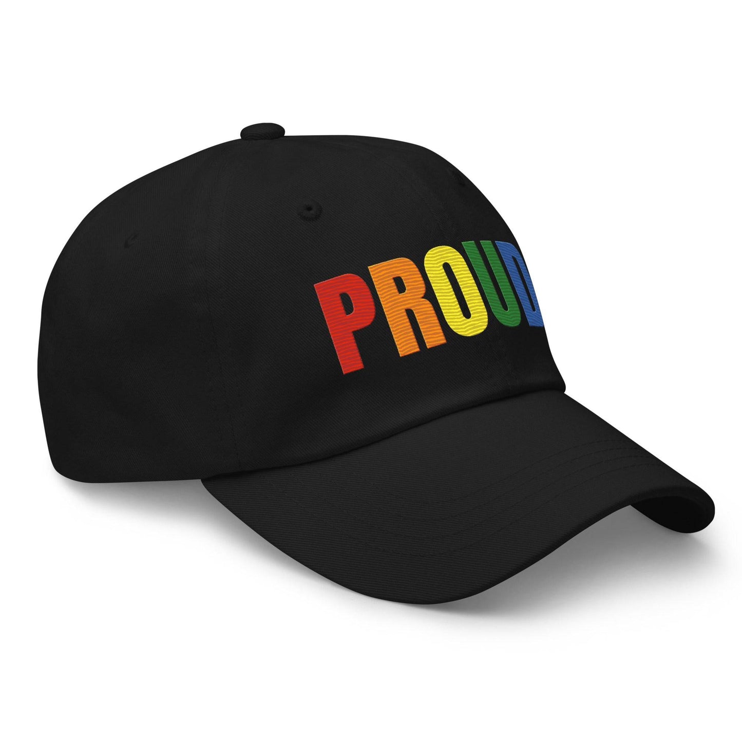 Check out the Proud. Cap by Pridelity—it's a stylish black cap featuring "PROUD." embroidered in vibrant rainbow colors, making it an ideal accessory to enhance any pride outfit.