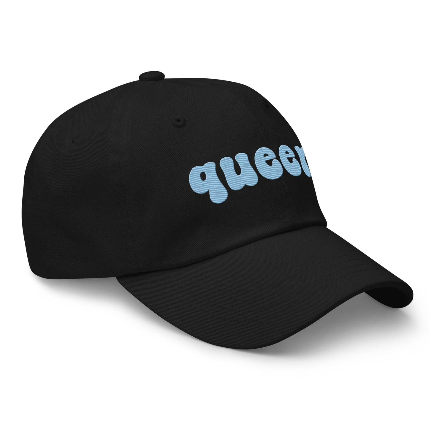 Introducing the Queer Cap by Pridelity, a black baseball cap with "queer" elegantly embroidered in light blue bold, rounded letters on the front. Perfect for pride outfits, it features a curved brim and top ventilation eyelets for added comfort.