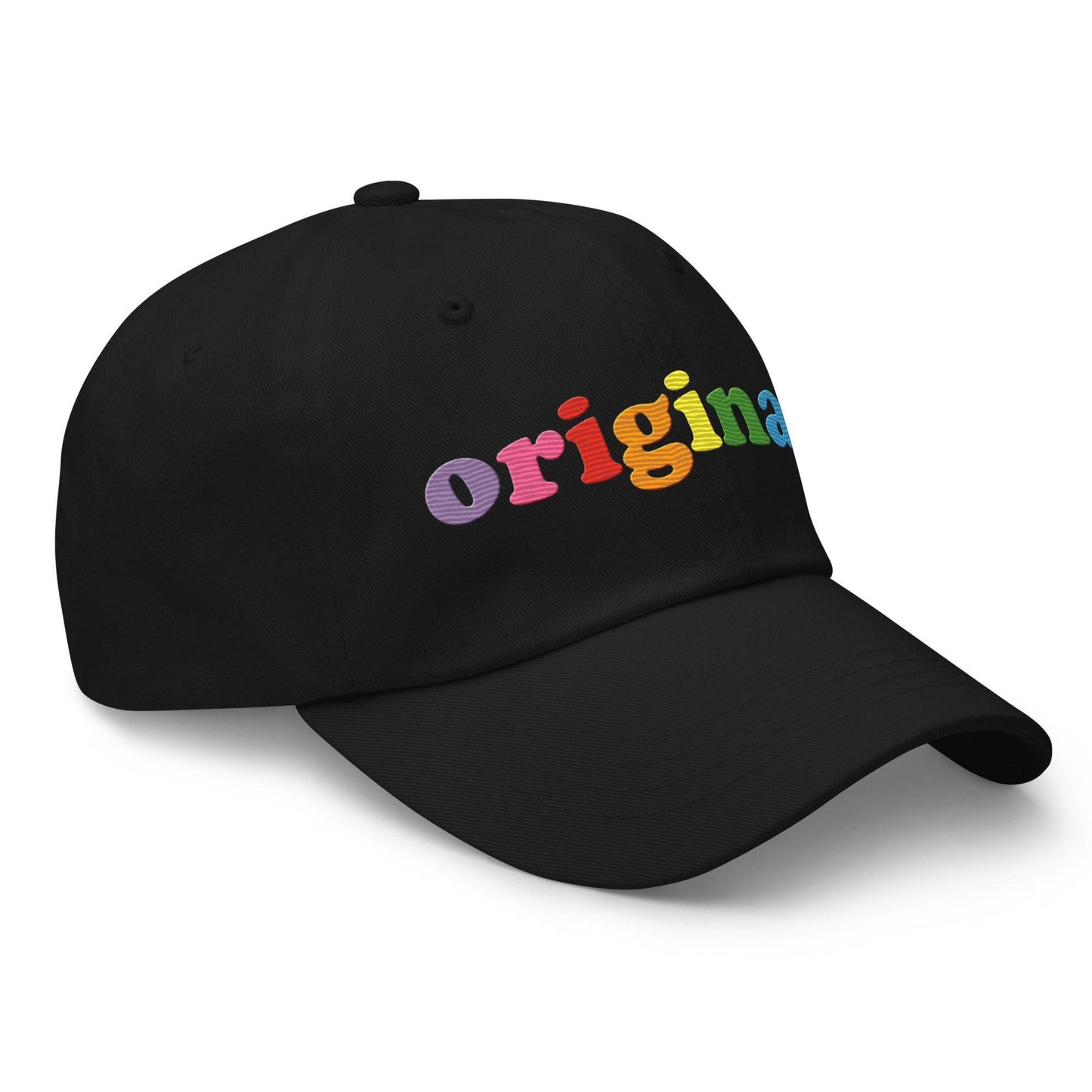 Black baseball cap by Pridelity, featuring the word "Original" embroidered in a vibrant rainbow gradient, perfect for pride outfits.