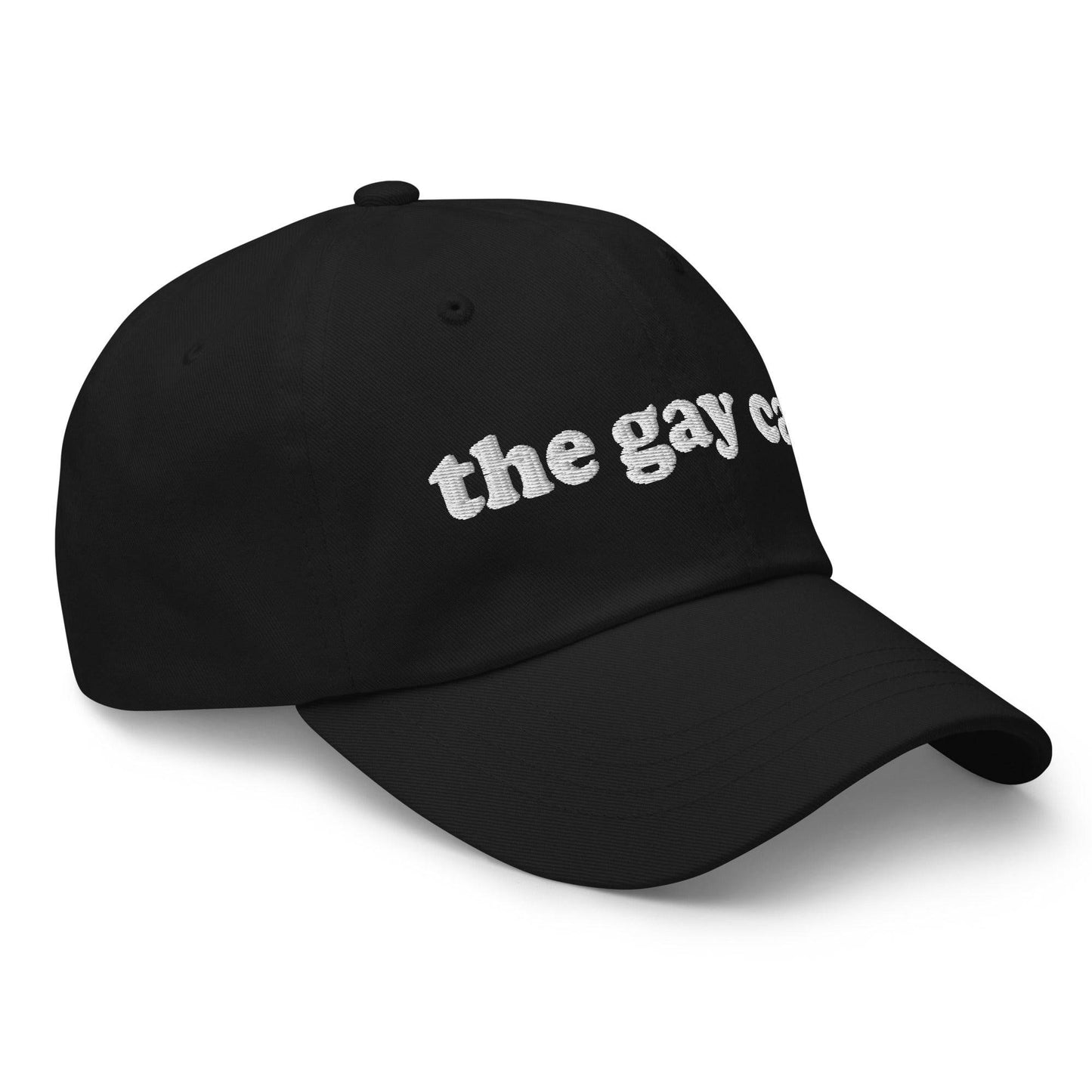 This stylish black cap from Pridelity features white embroidered text reading "The Gay Cap" on the front, making it an ideal accessory for pride outfits.