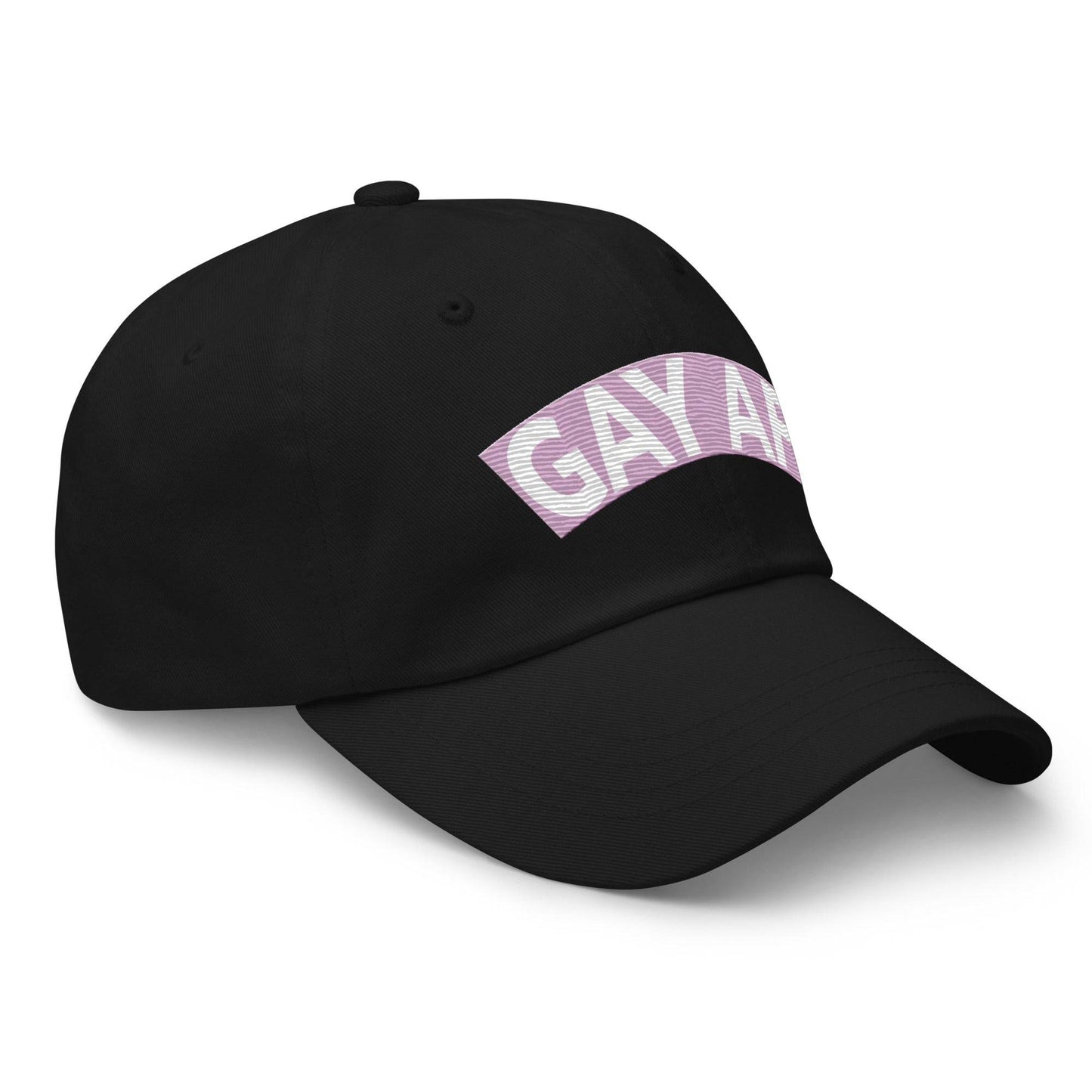 Introducing the Gay AF Cap by Pridelity: a stylish black cap that features "GAY AF" embroidered in white on a pink and white striped background, making it the perfect accessory to complement pride outfits.