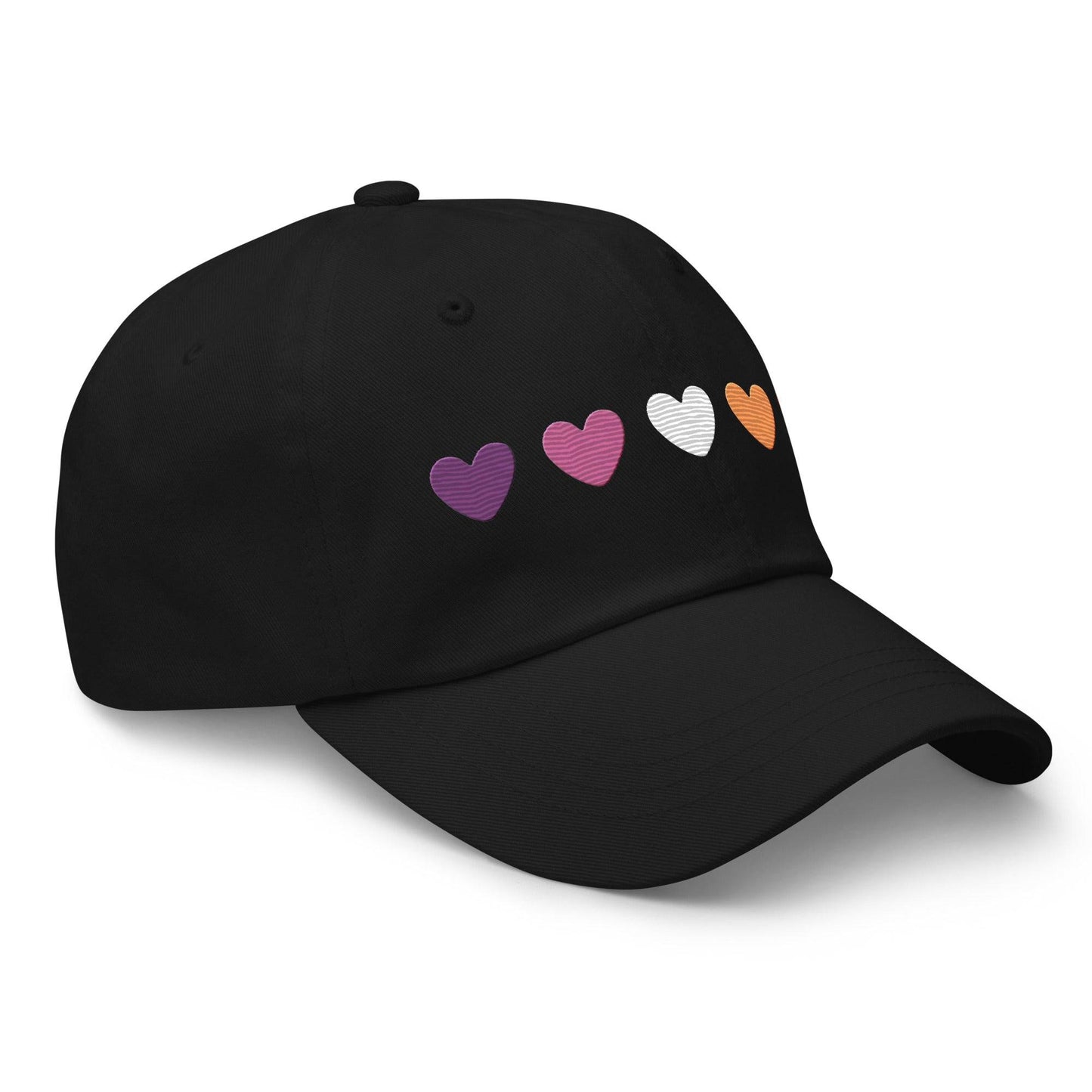 The Pridelity Lesbian Hearts Cap, in a vibrant pink hue, enhances pride outfits with its five embroidered hearts in shades of purple, lavender, white, orange, and red. Set against a plain background, this cap is the perfect accessory to celebrate love and diversity.