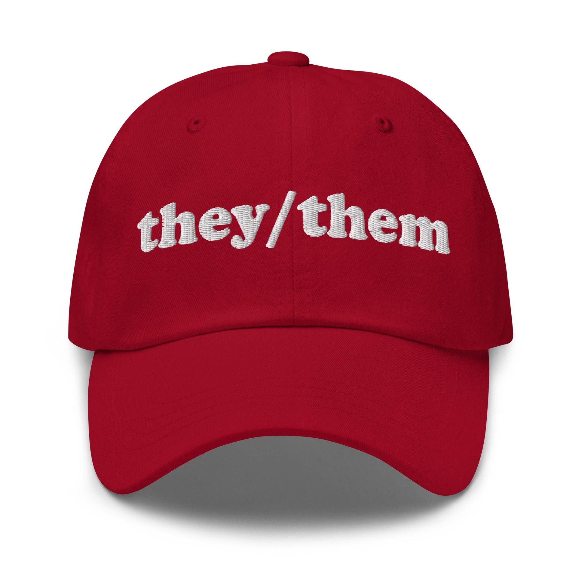 Introducing the They/Them Cap by Pridelity, a stylish black cap with "they/them" embroidered in white on the front, making it an ideal accessory for pairing with pride outfits.