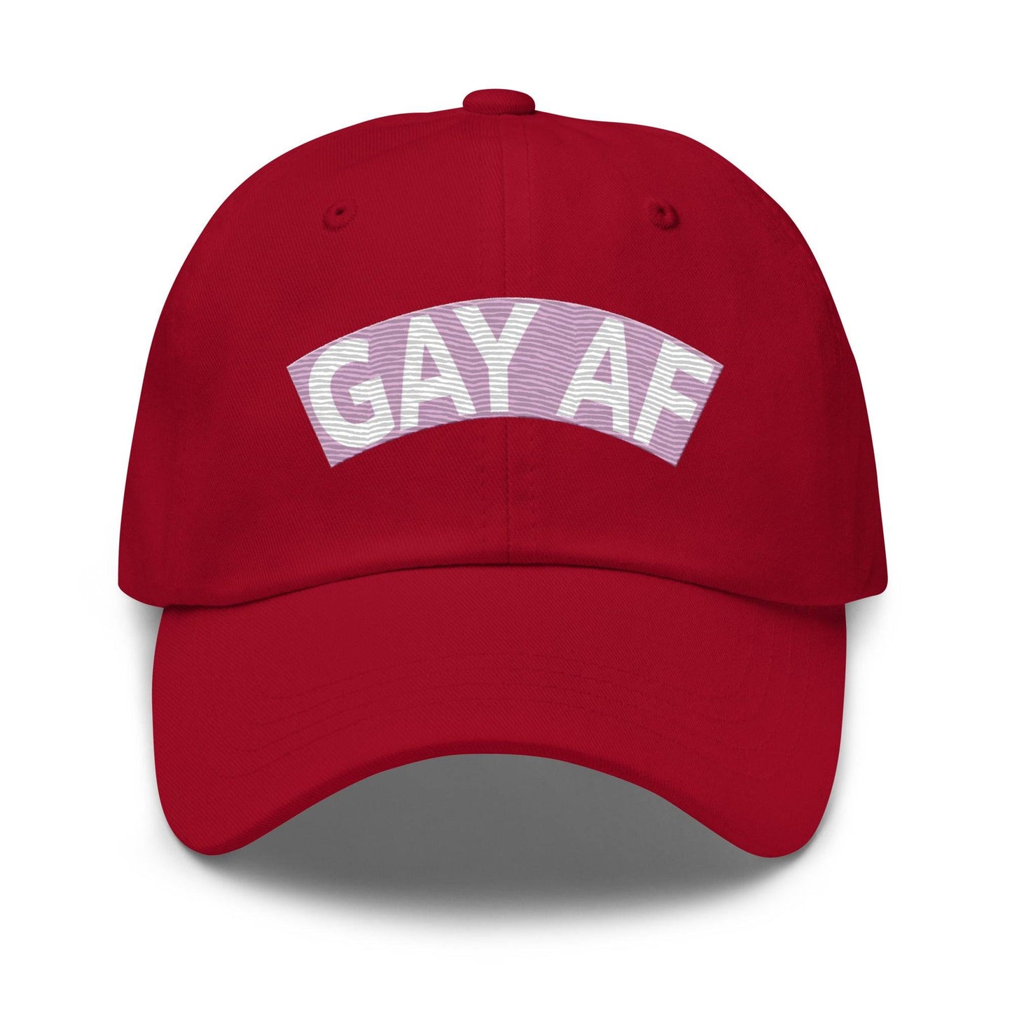 Introducing the Gay AF Cap by Pridelity: a stylish black cap that features "GAY AF" embroidered in white on a pink and white striped background, making it the perfect accessory to complement pride outfits.