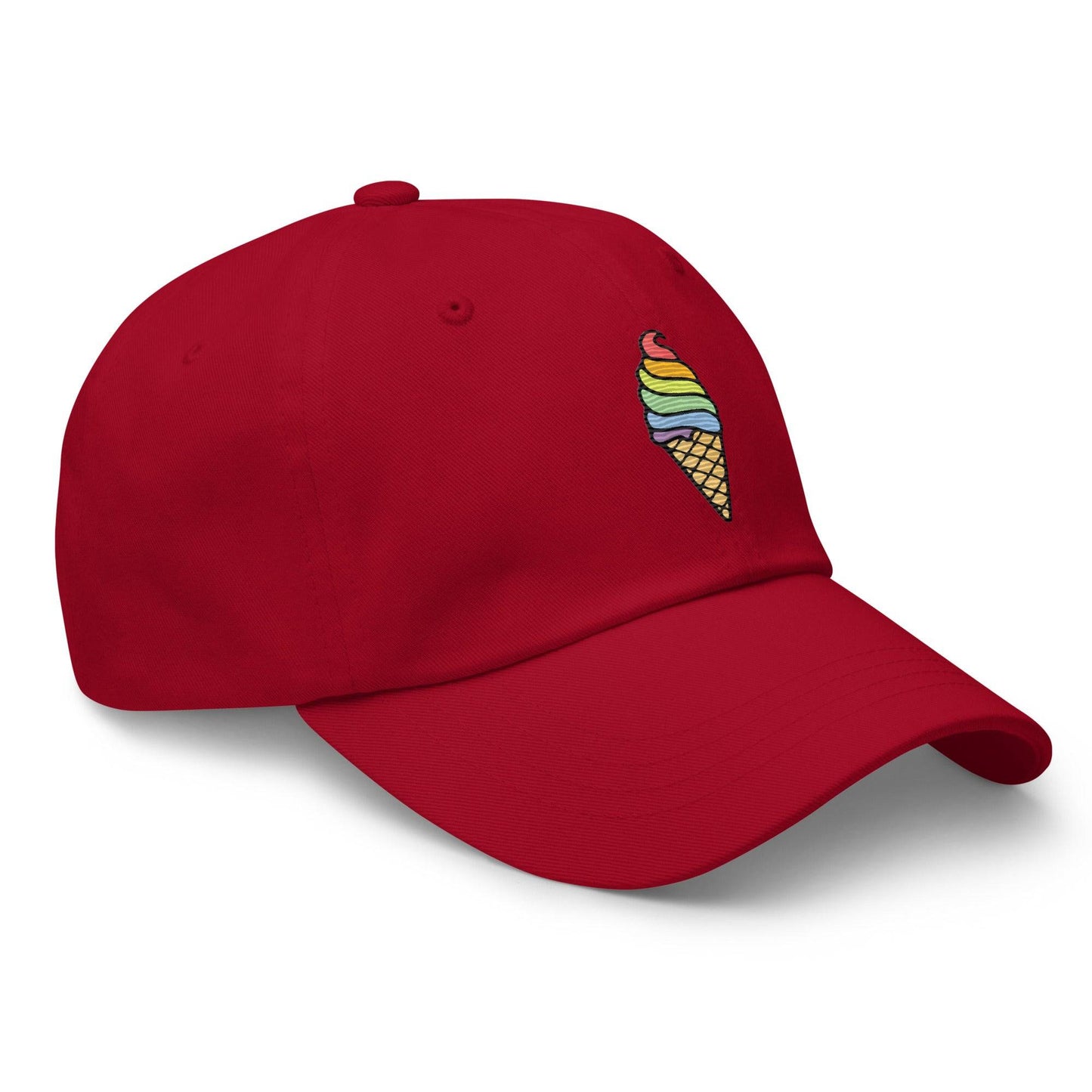 The Ice Cream Pride Cap by Pridelity is a black baseball cap featuring a vibrant embroidered ice cream cone with rainbow-colored swirls, making it an ideal accessory for pride outfits.