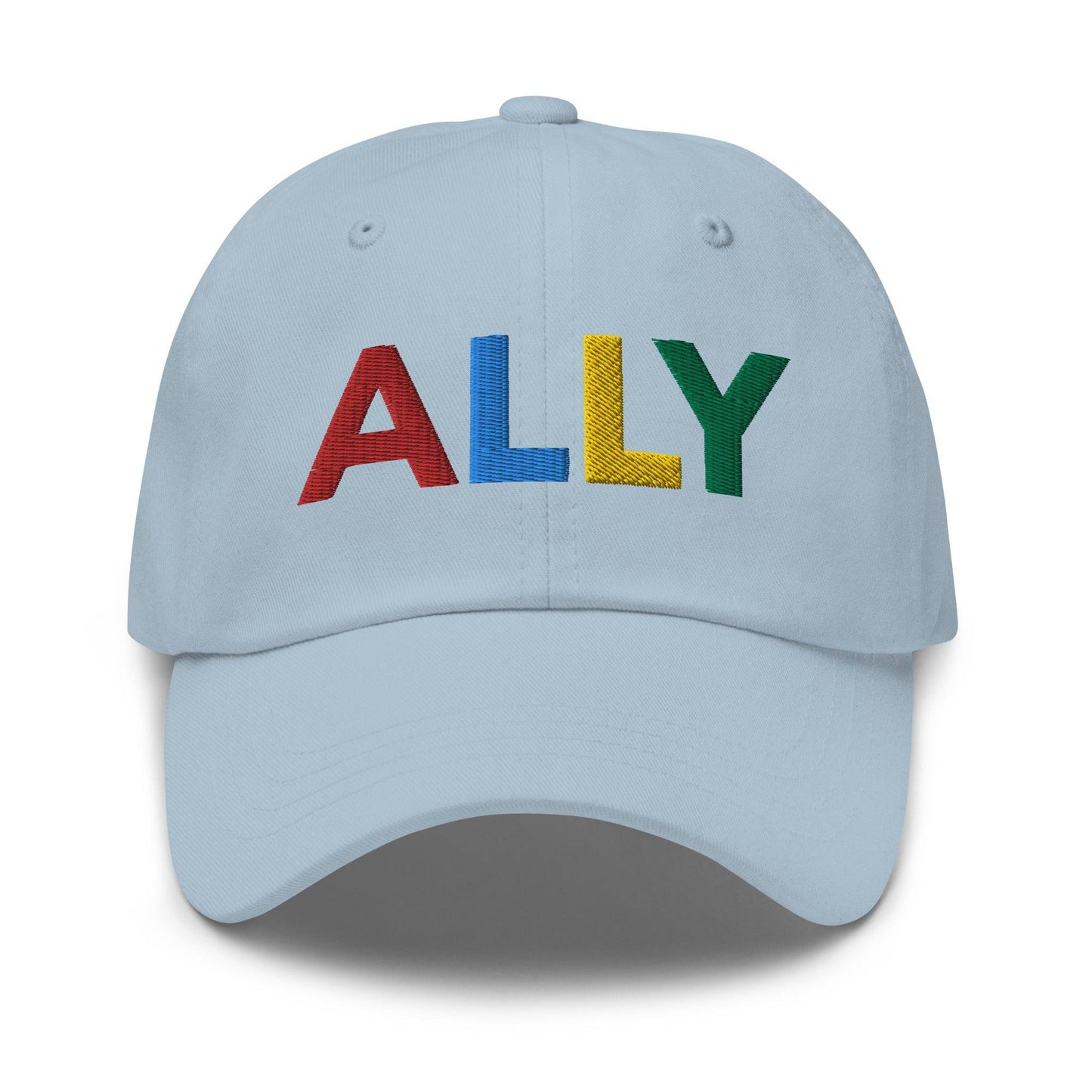 The Ally Cap by Pridelity in pink showcases the word "ALLY" beautifully embroidered in vibrant, multicolored letters: red, blue, yellow, and green.
