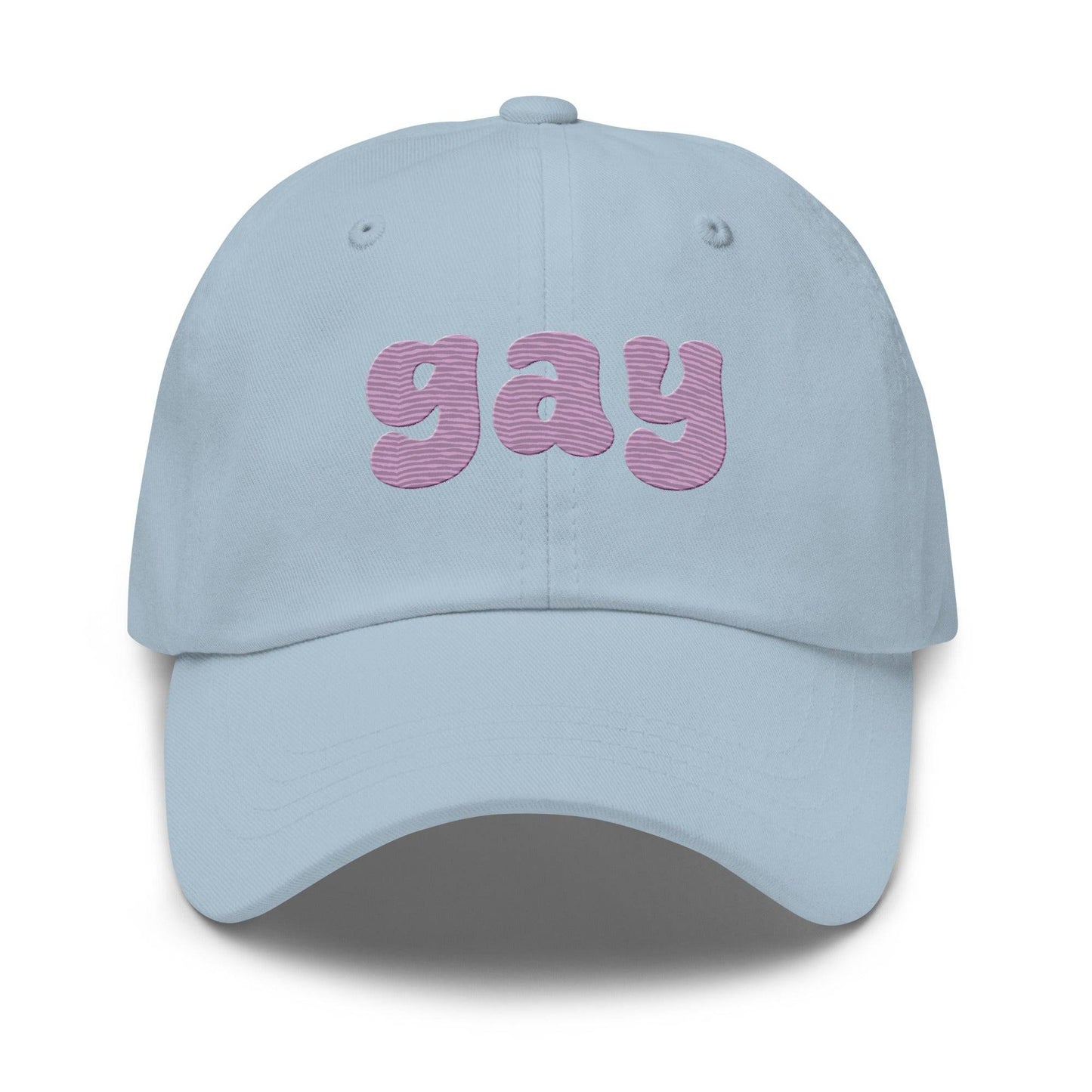 Black Pridelity "Gay Cap" featuring bold, purple, bubble-like letters on the front, perfect for complementing your pride outfits.