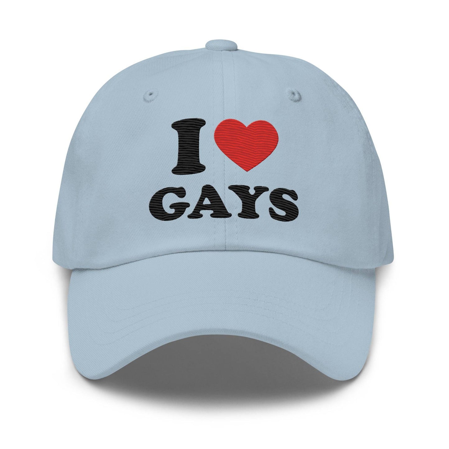 The I Love Gays Cap by Pridelity is a standout piece in pride outfits, showcasing the phrase "I ♥ GAYS" embroidered on its pink fabric. The heart is a vibrant red, with the rest of the message boldly displayed in black.