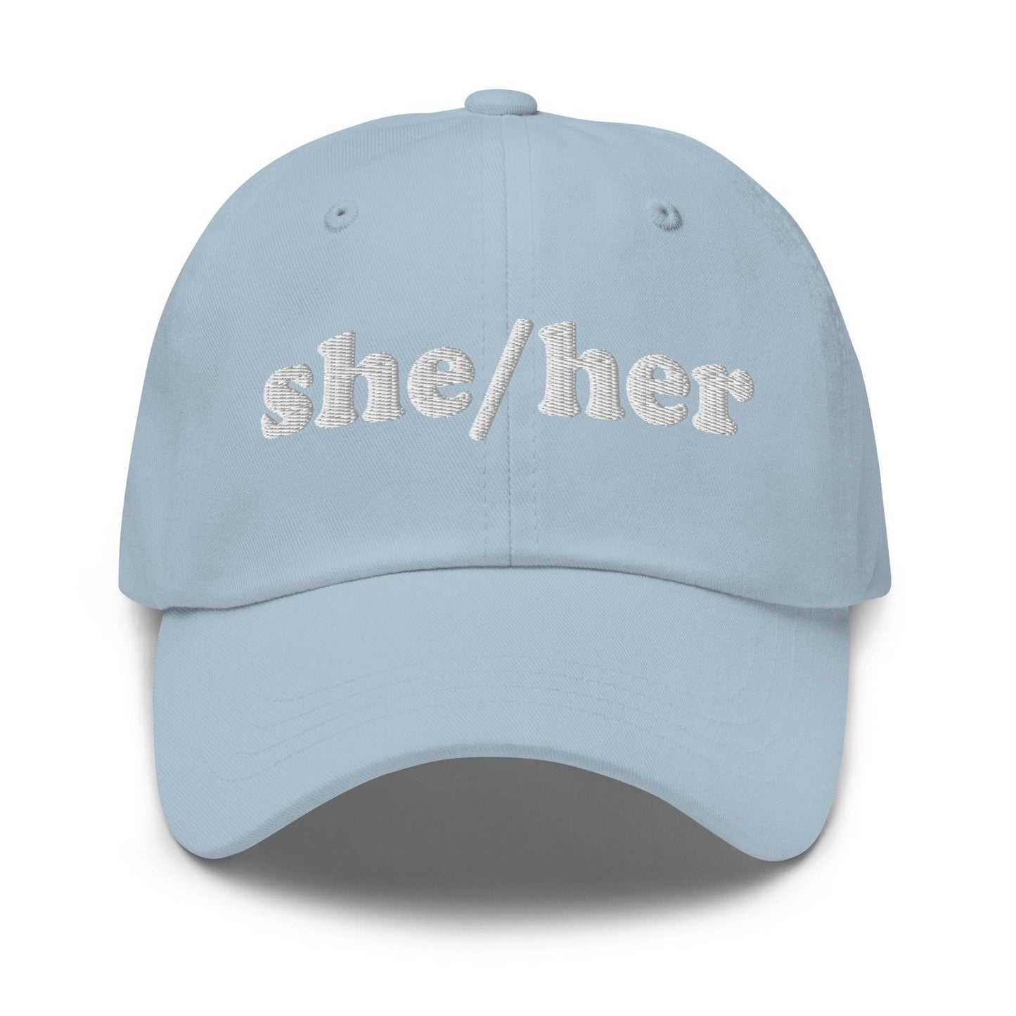 Add the Pridelity "She/Her Cap" to your pride wardrobe. This black baseball cap features "she/her" embroidered in white on the front center, making it a perfect addition to your pride outfits.