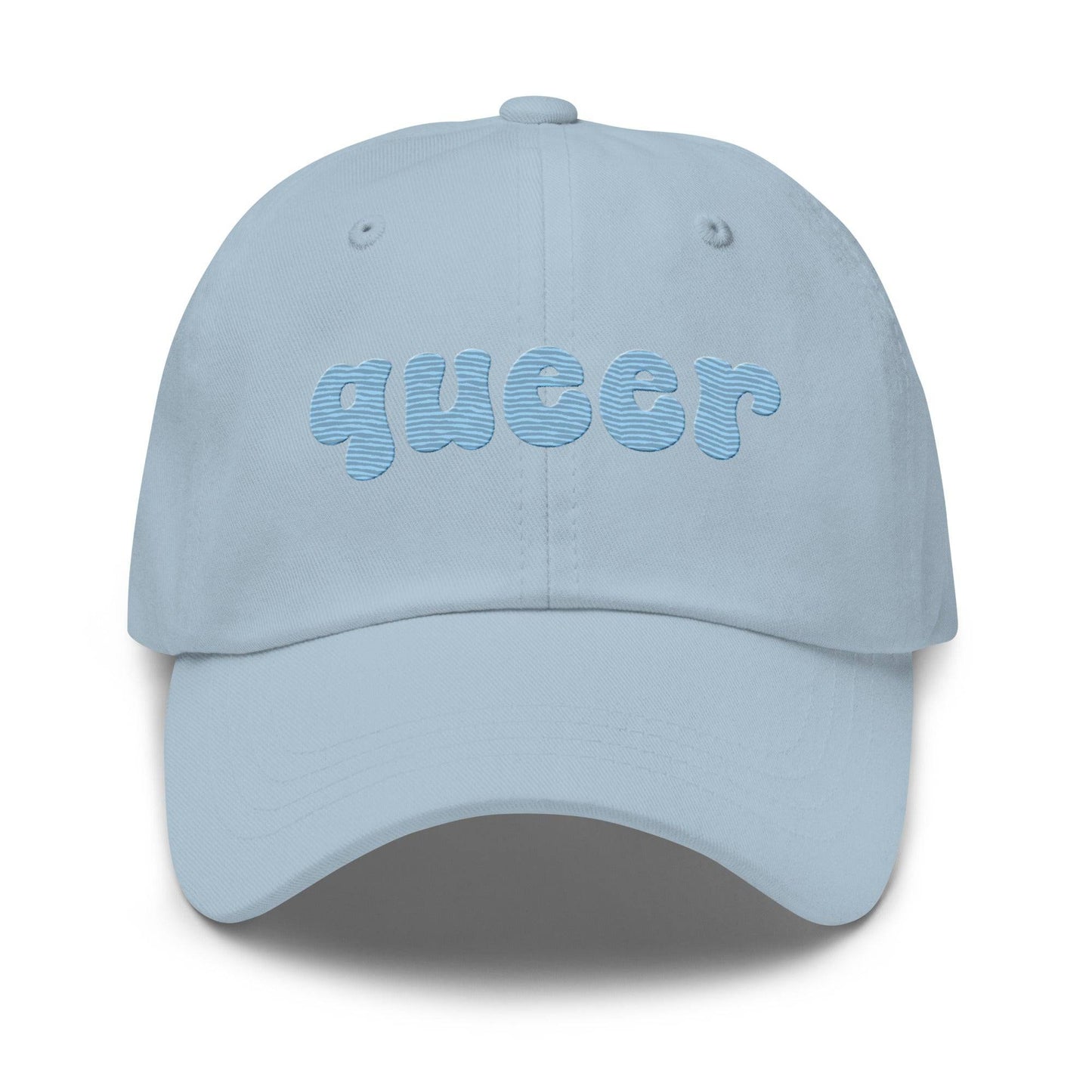 Introducing the Queer Cap by Pridelity, a black baseball cap with "queer" elegantly embroidered in light blue bold, rounded letters on the front. Perfect for pride outfits, it features a curved brim and top ventilation eyelets for added comfort.