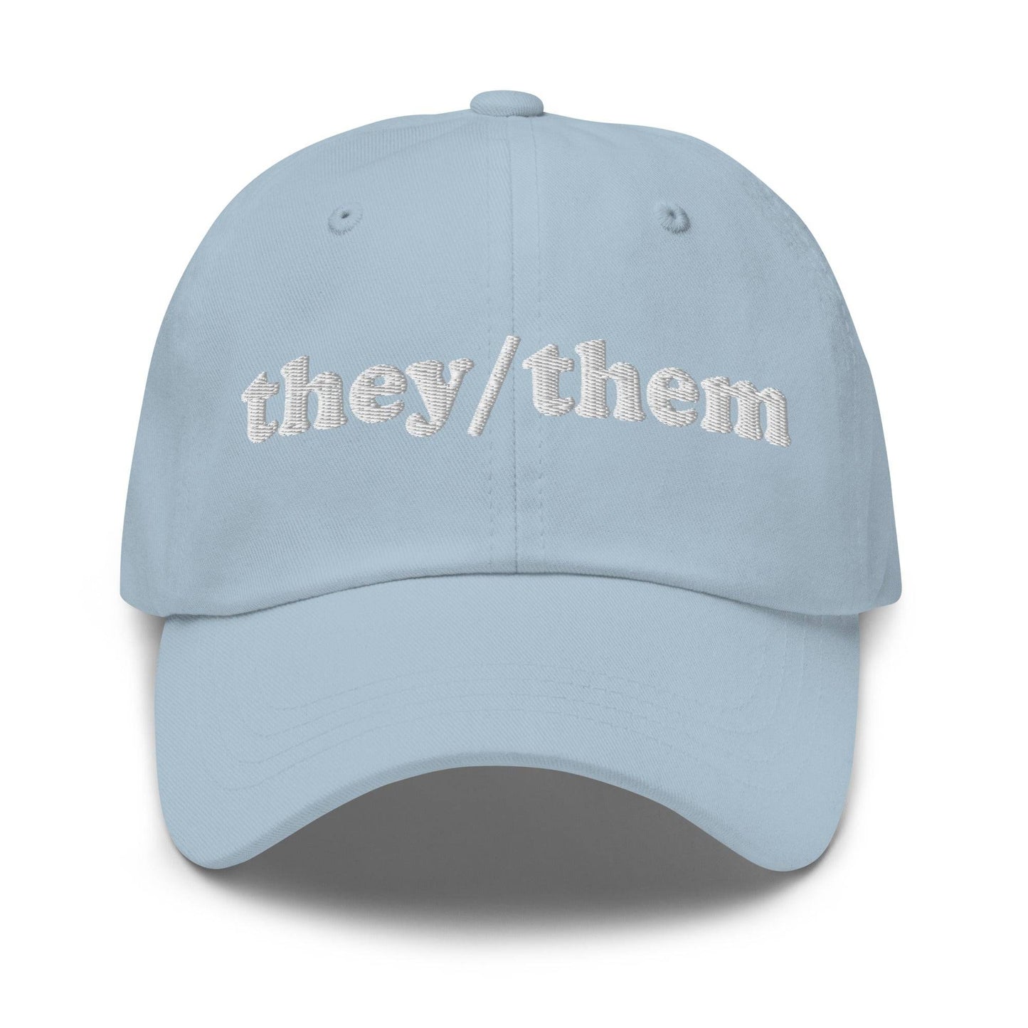 Introducing the They/Them Cap by Pridelity, a stylish black cap with "they/them" embroidered in white on the front, making it an ideal accessory for pairing with pride outfits.