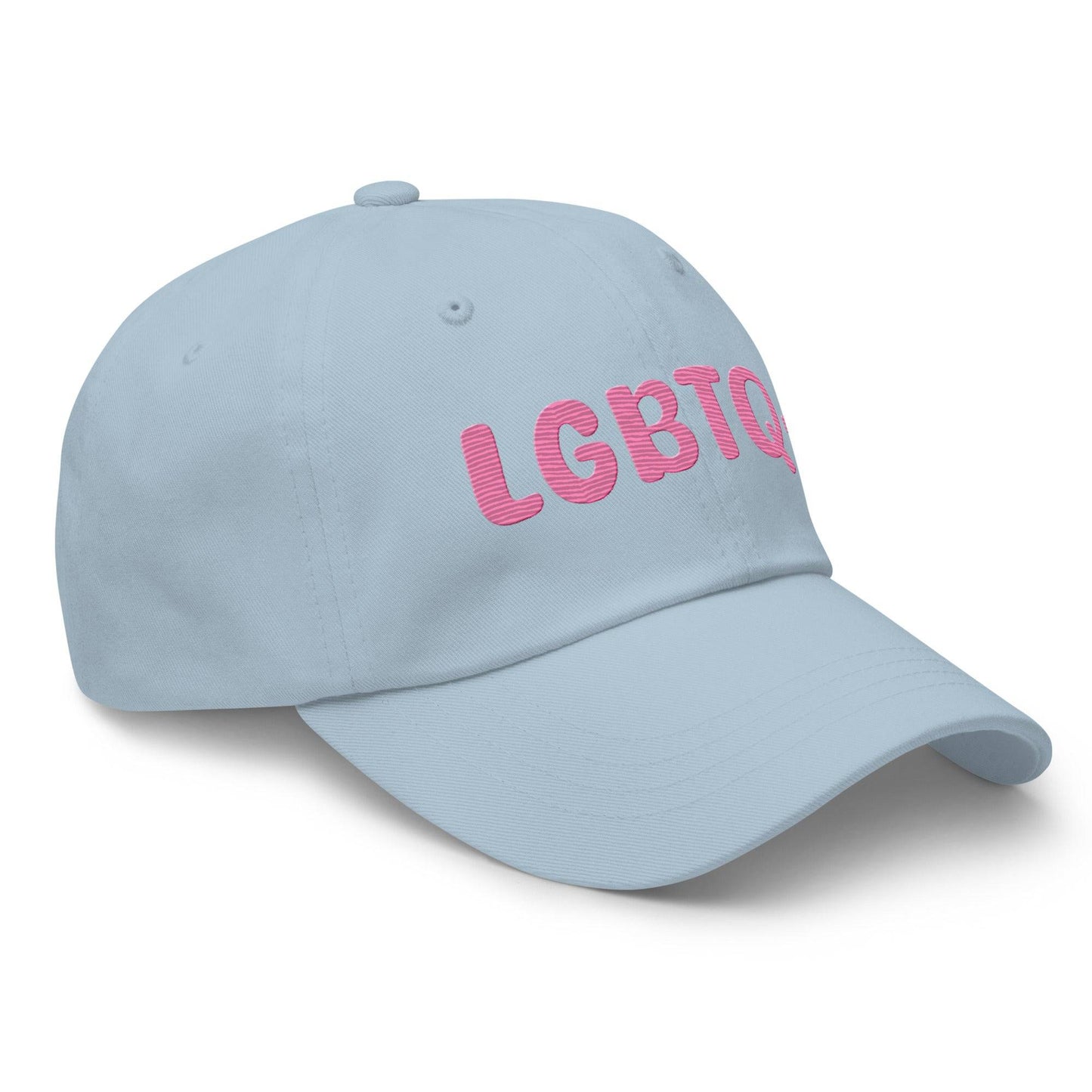 A white LGBTQ+ Cap by Pridelity, featuring pink lettering on the front, is perfect for enhancing pride outfits.