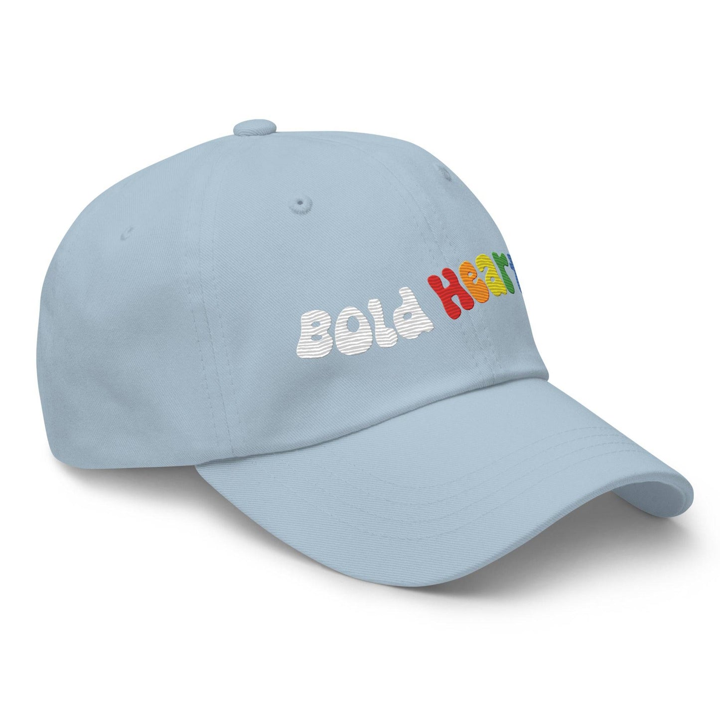 The Bold Hearts Cap by Pridelity, a black baseball cap with "Bold Hearts" embroidered in vibrant multicolored letters on the front, is a standout piece from our Pride Collections.