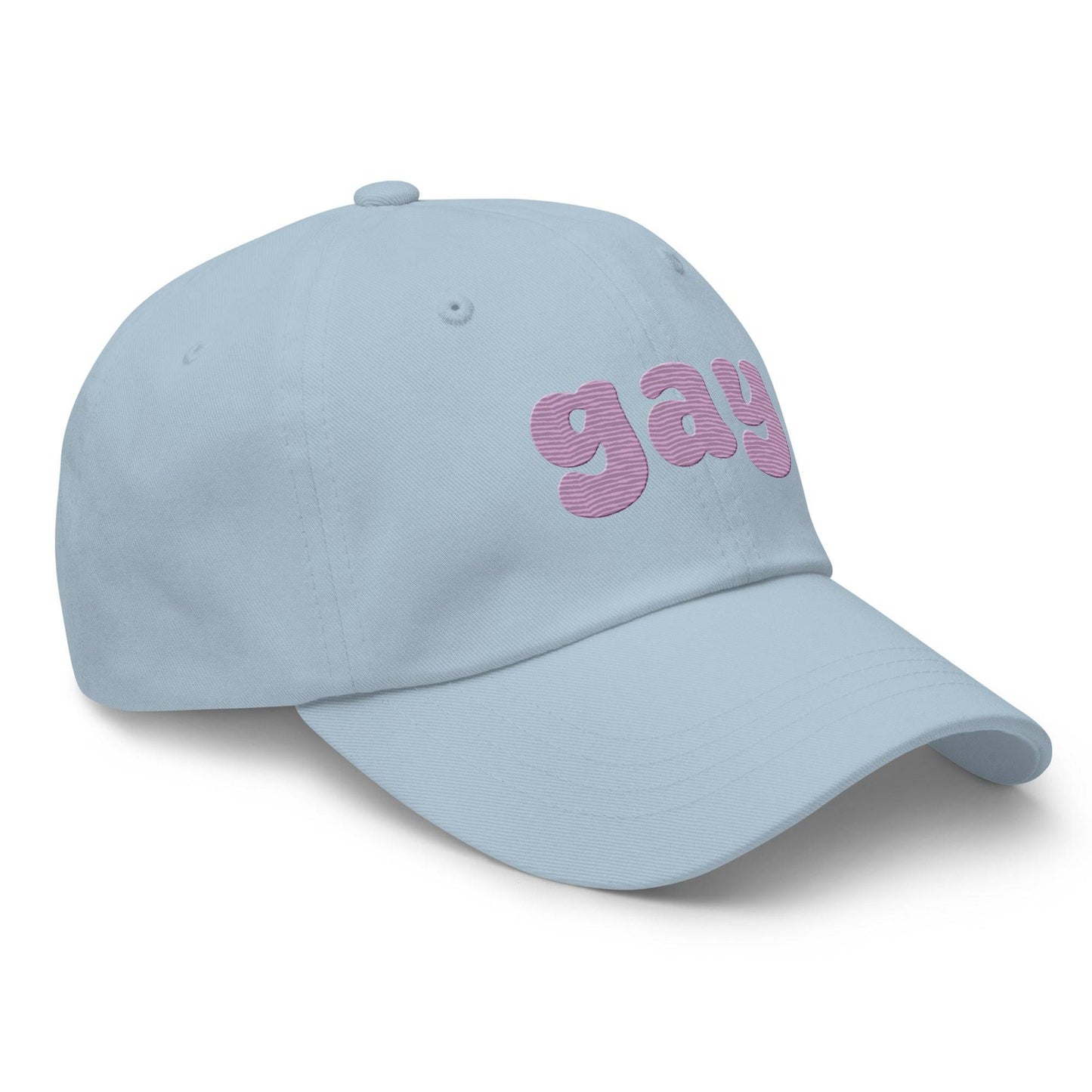Black Pridelity "Gay Cap" featuring bold, purple, bubble-like letters on the front, perfect for complementing your pride outfits.