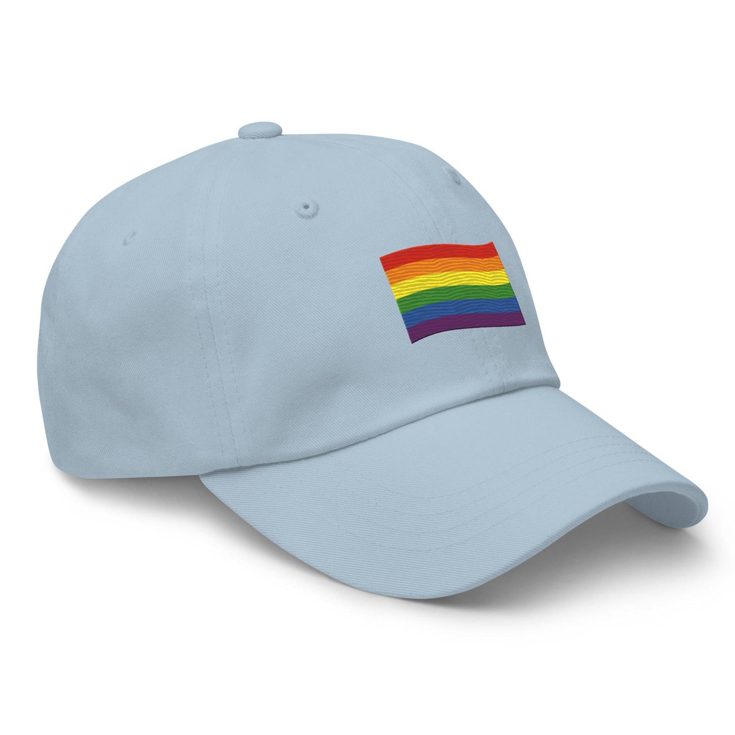 Introducing the Pridelity Pride Flag Cap, a sleek black design featuring a small rainbow flag emblem on the front. It's ideal for adding a touch of pride to your outfits, with the flag's horizontal stripes in red, orange, yellow, green, blue, and purple elegantly representing diversity and inclusion.
