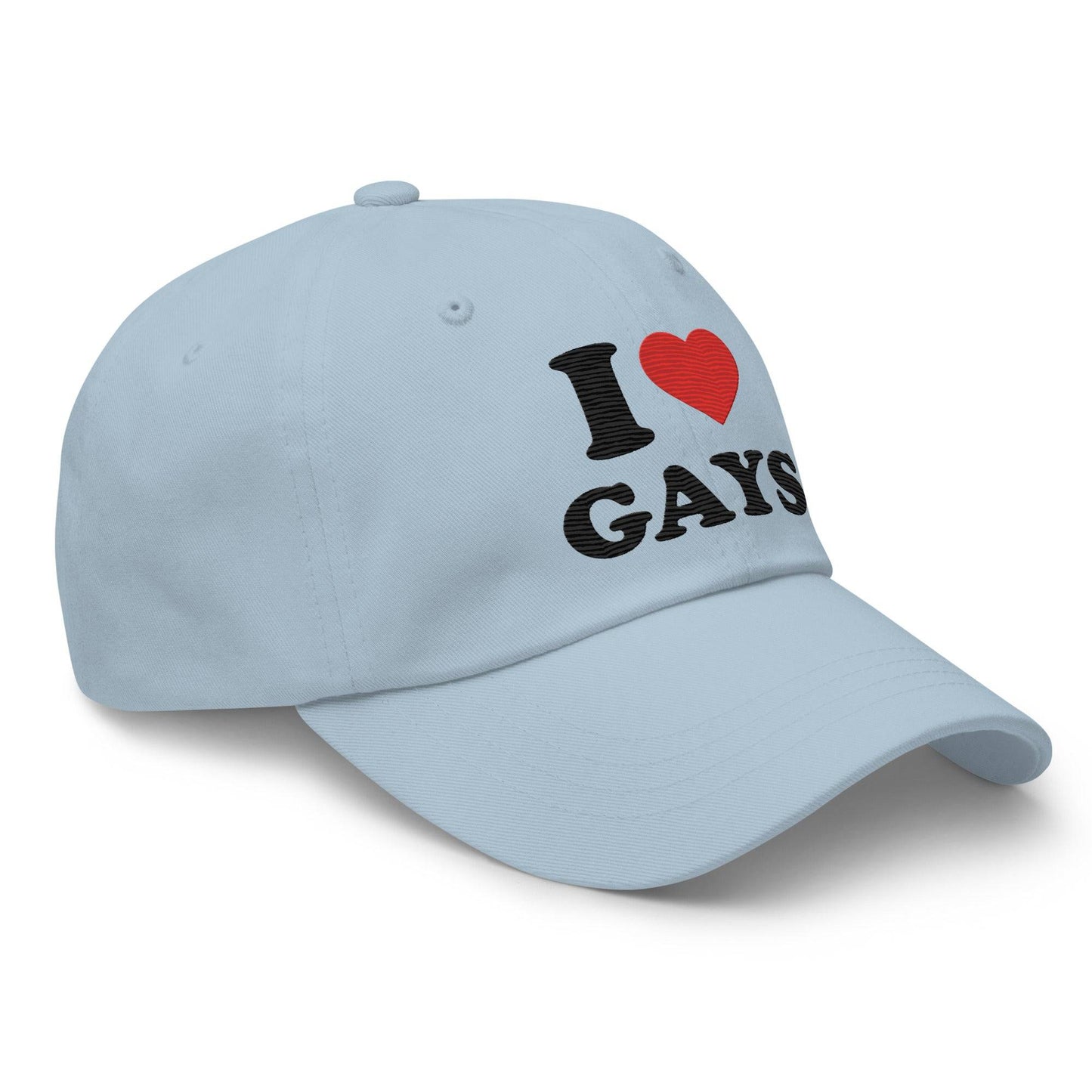 The I Love Gays Cap by Pridelity is a standout piece in pride outfits, showcasing the phrase "I ♥ GAYS" embroidered on its pink fabric. The heart is a vibrant red, with the rest of the message boldly displayed in black.