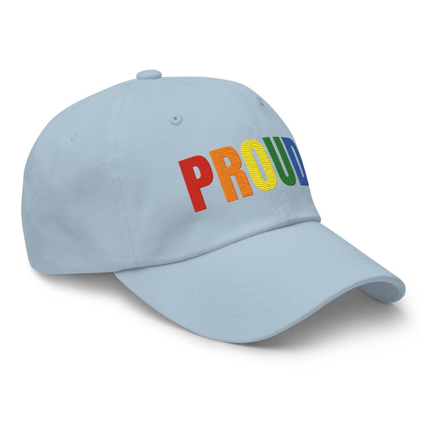 Check out the Proud. Cap by Pridelity—it's a stylish black cap featuring "PROUD." embroidered in vibrant rainbow colors, making it an ideal accessory to enhance any pride outfit.