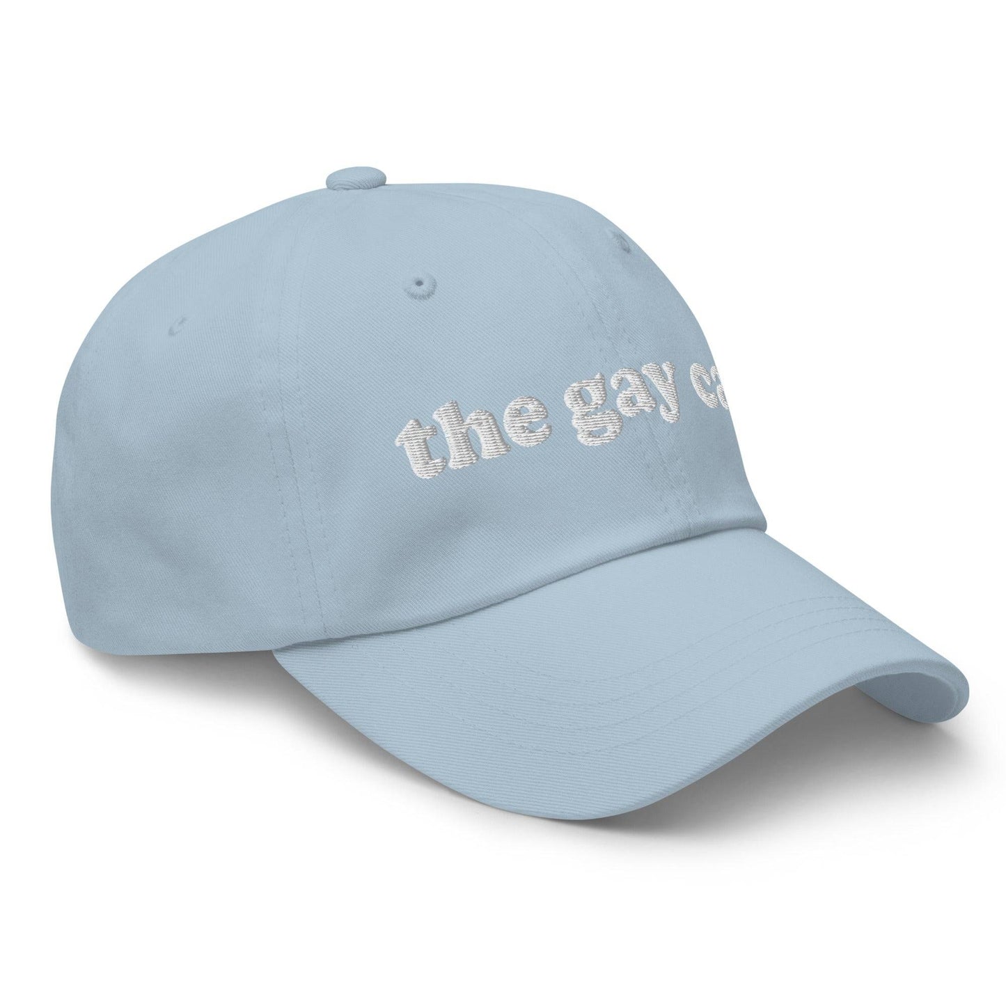 This stylish black cap from Pridelity features white embroidered text reading "The Gay Cap" on the front, making it an ideal accessory for pride outfits.